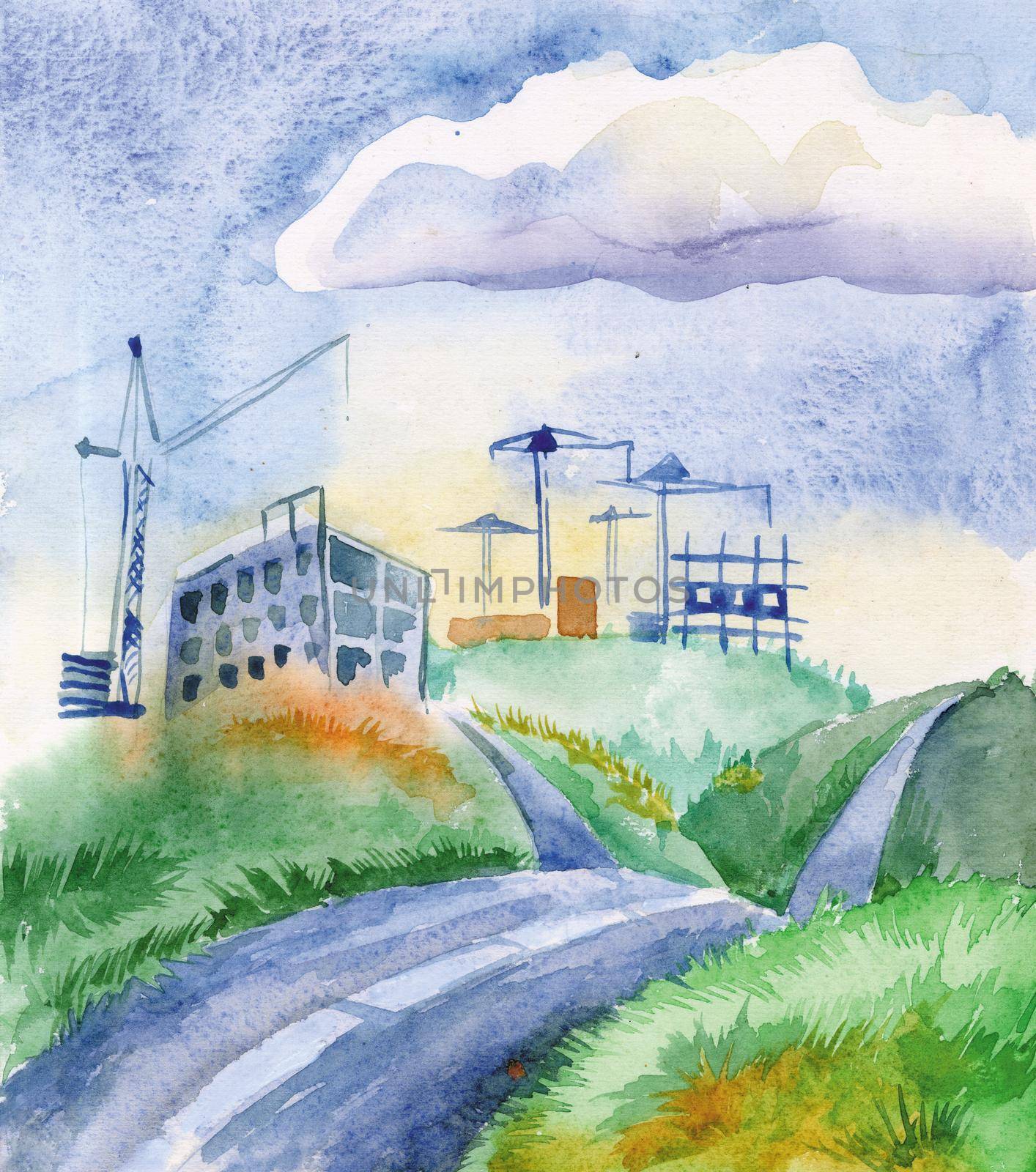 Unfinished buildings with building cranes, located on the hills. To them there is a winding road
