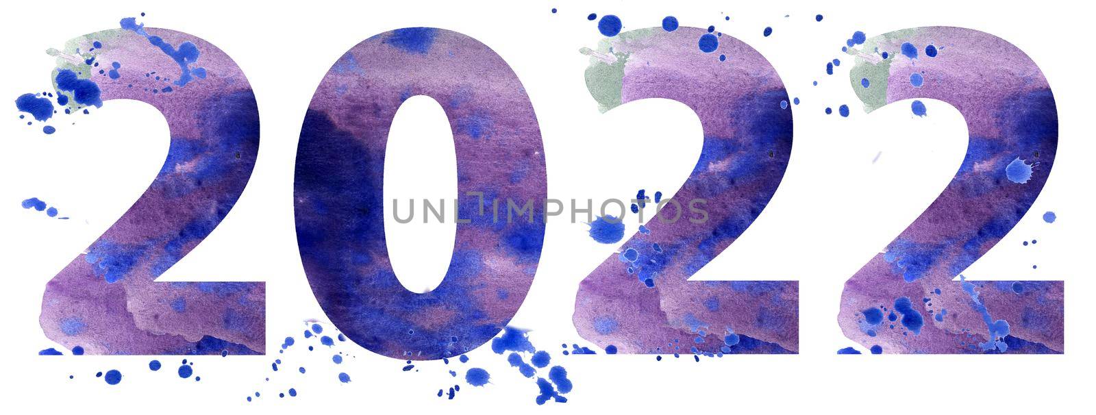 New year 2022 watercolor number with Christmas ball isolated on the white background