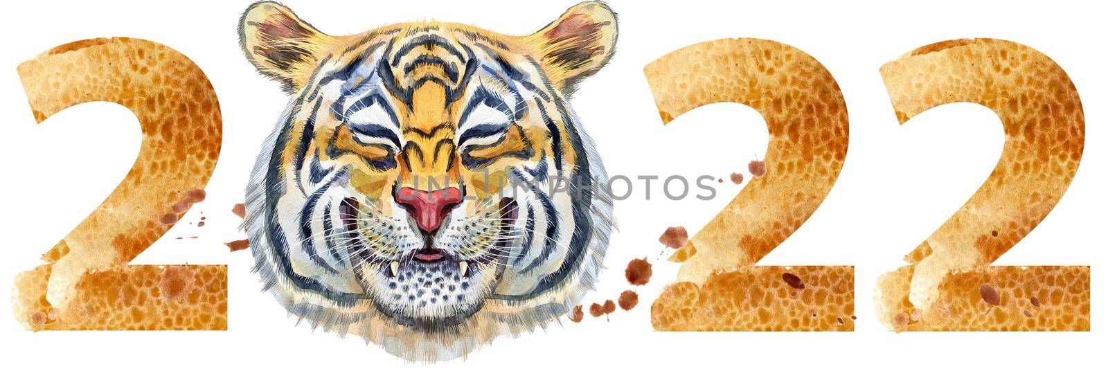 Watercolor illustration new year two thousand and twenty two with tiger head by NataOmsk