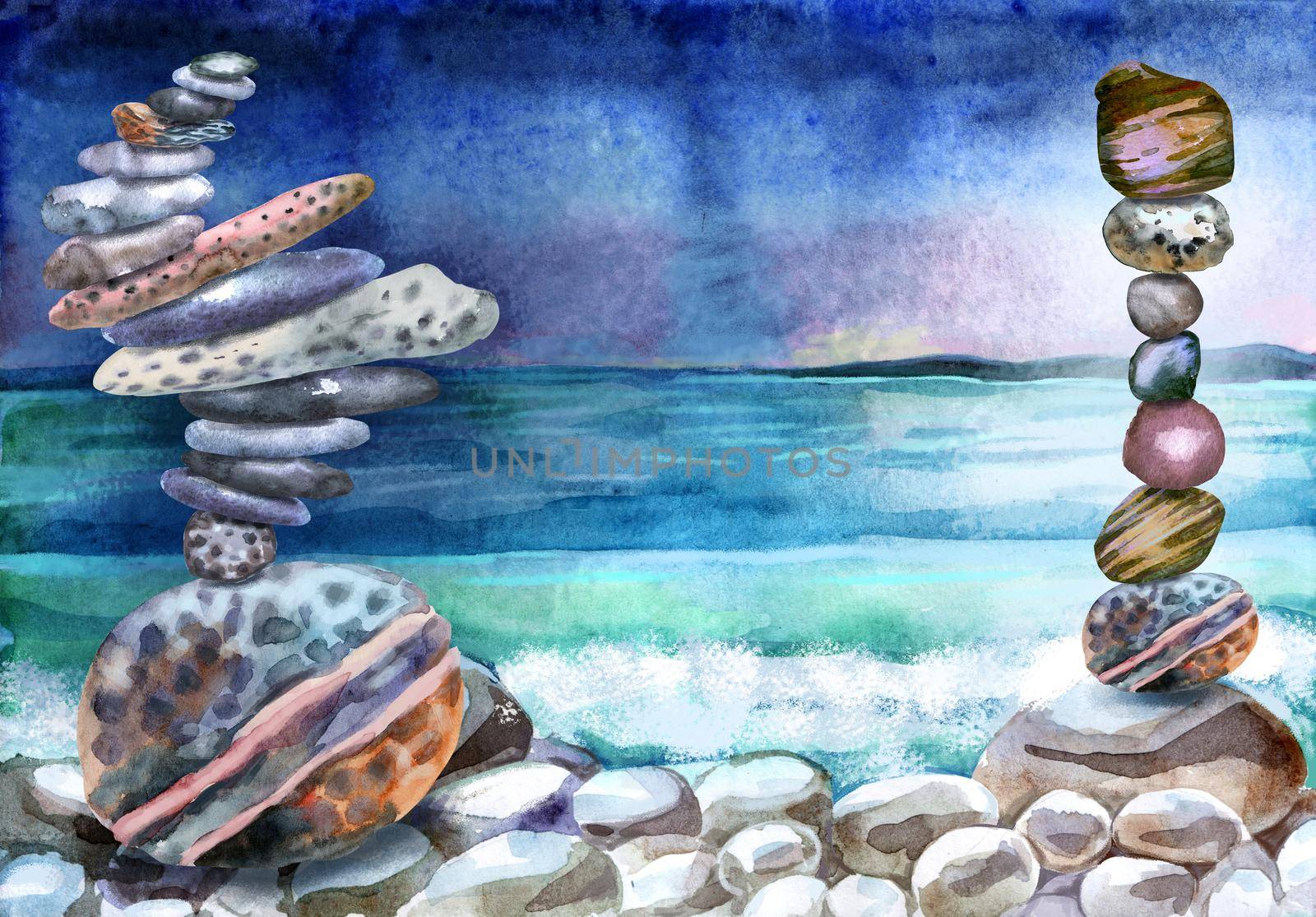 Watercolor hand-drawn landscape with stacks of flat pebbles and ocean by NataOmsk