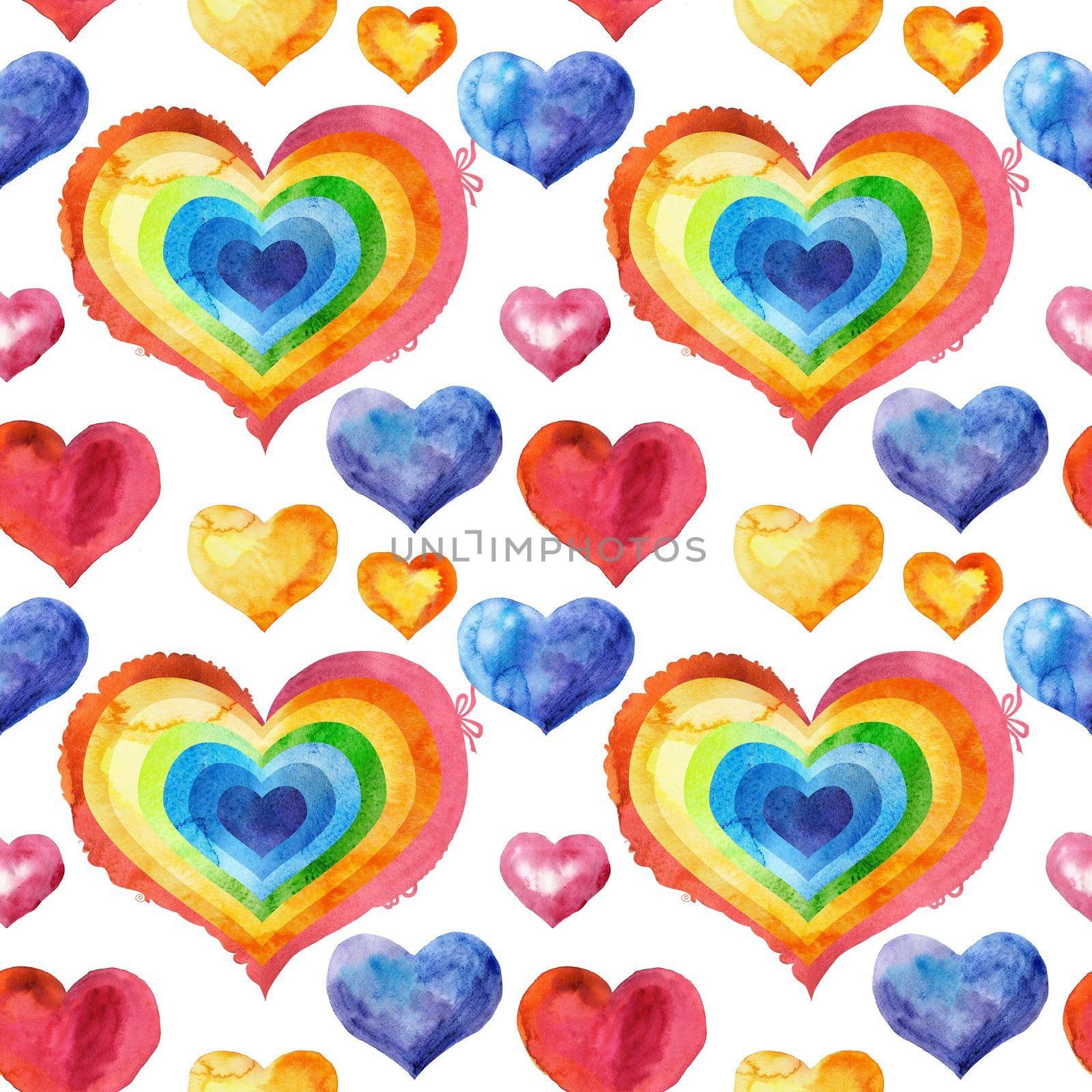 Seamless pattern of watercolor rainbow hearts with light and shade, painted by hand