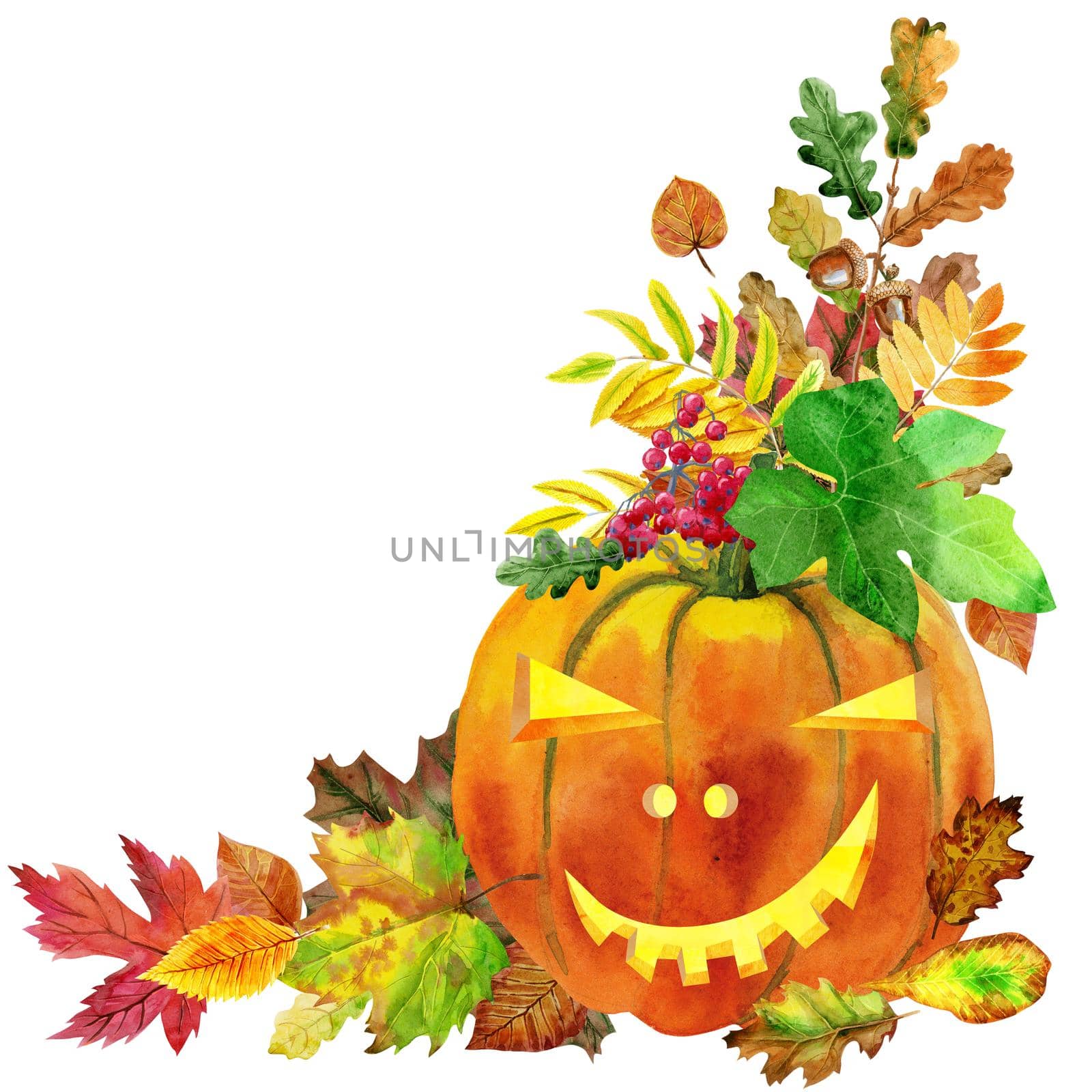 Watercolor halloween pumpkin. Hand painted carved faces pumpkins with leaves. Holiday illustration for design, print or background