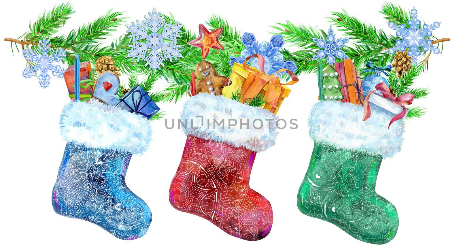 Christmas colorfull patterned socks with gifts and spruce branches isolated on white background. Watercolor hand drawn illustration