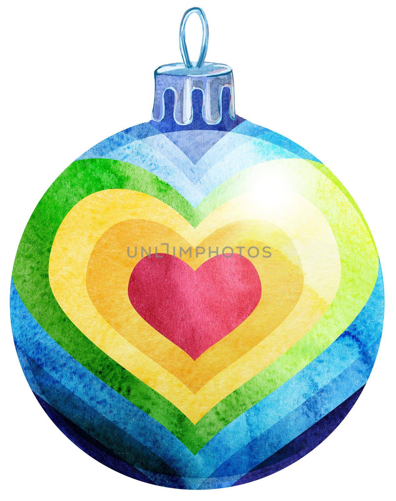 Watercolor Christmas rainbow ball isolated on a white background.