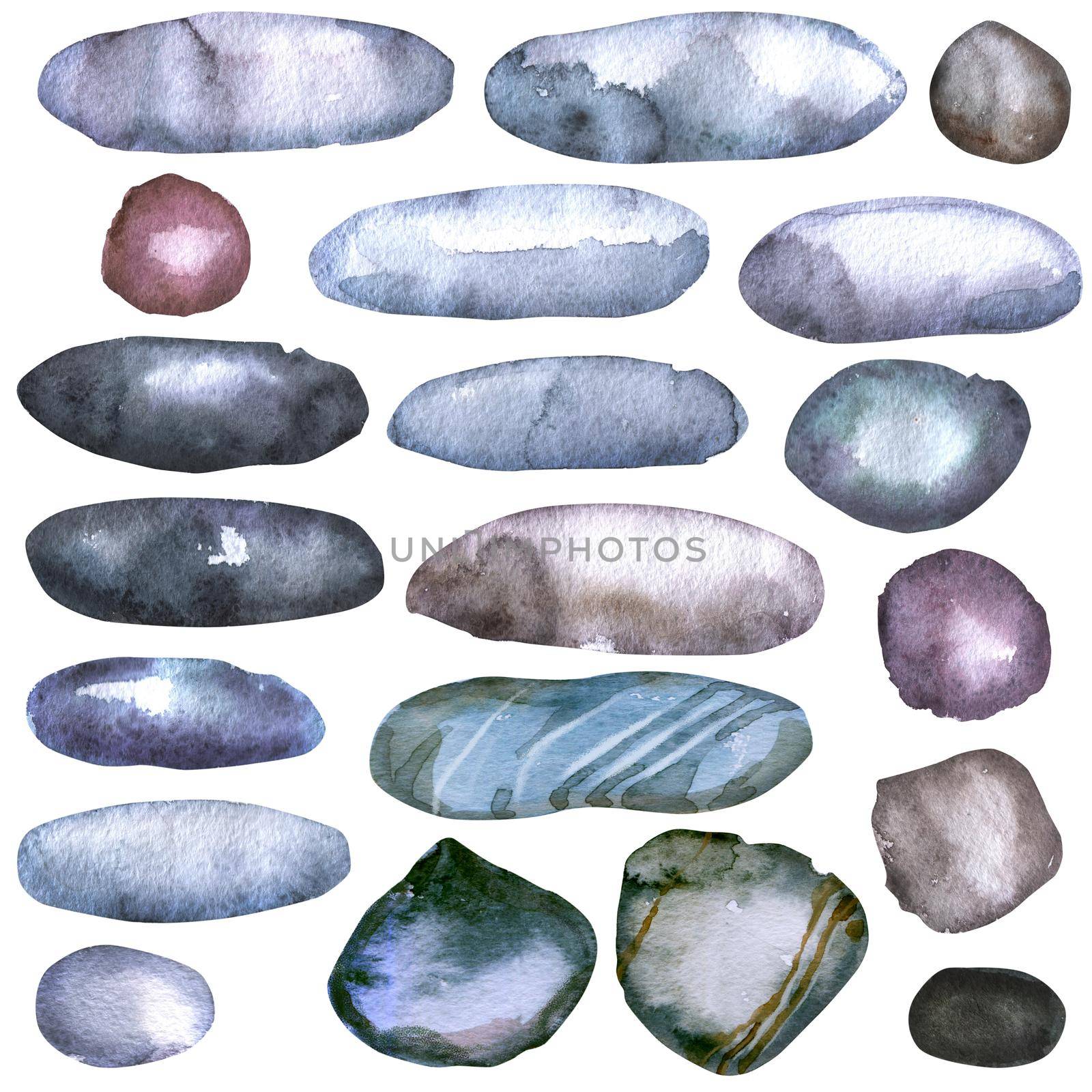 Set of watercolour painting twenty flat pebbles by NataOmsk