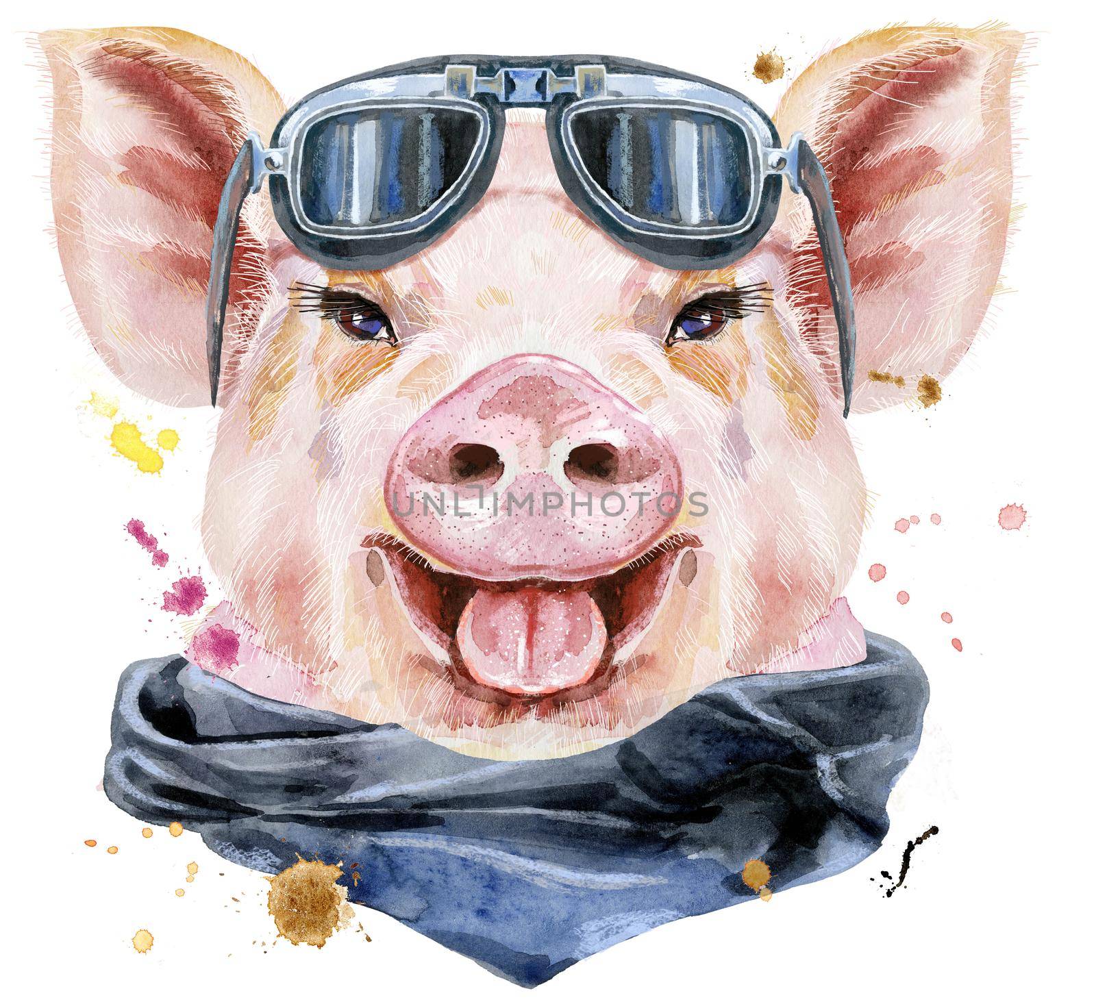 Cute piggy. Pig for T-shirt graphics. Watercolor pink pig with biker sunglasses