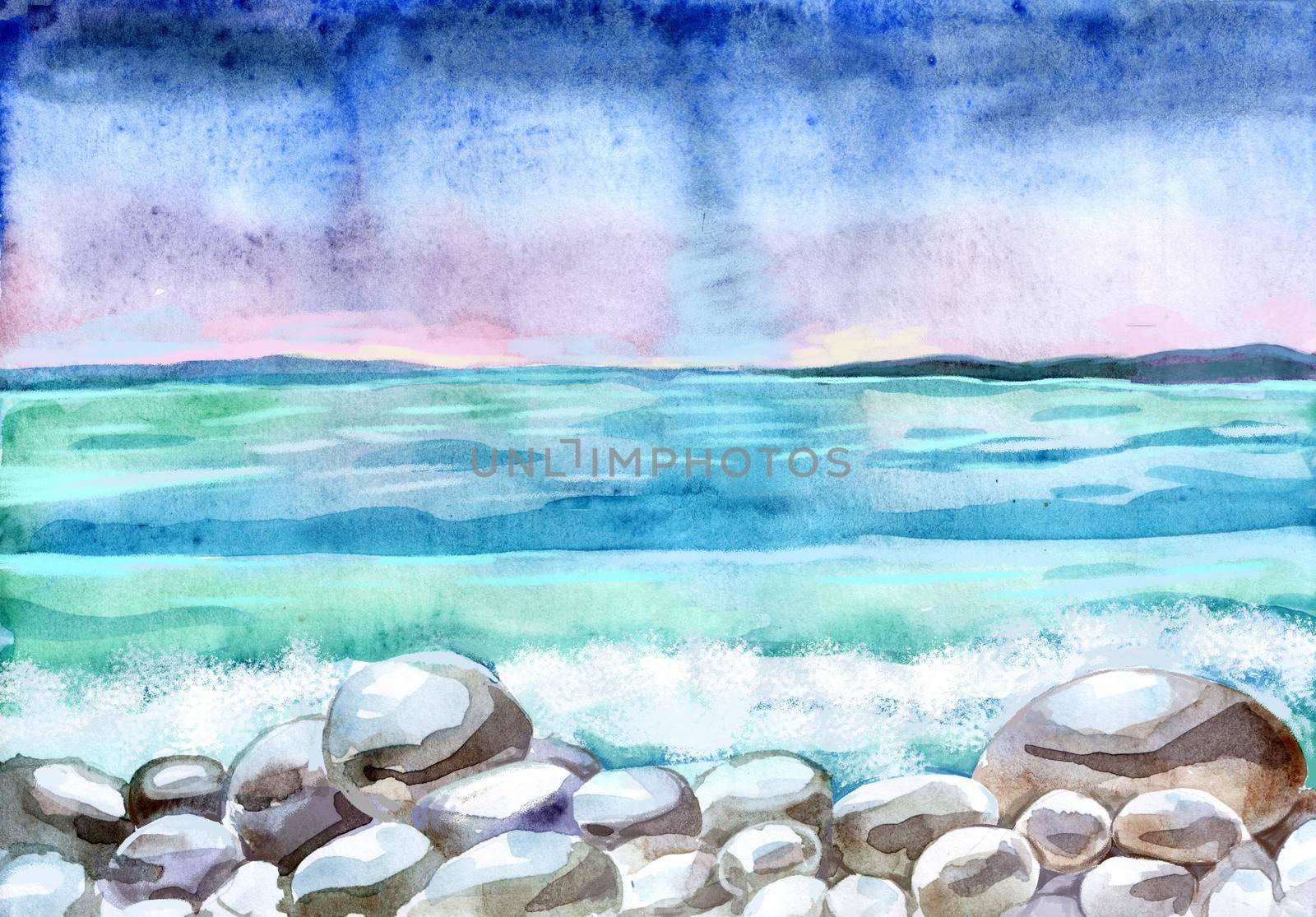 Watercolor hand-drawn landscape with pebbles beach and ocean by NataOmsk