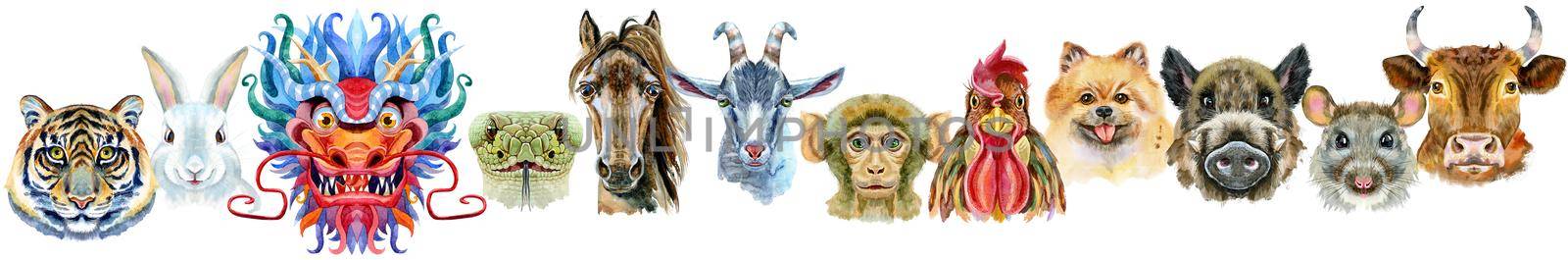 Border from watercolor twelve chinese zodiac animals by NataOmsk