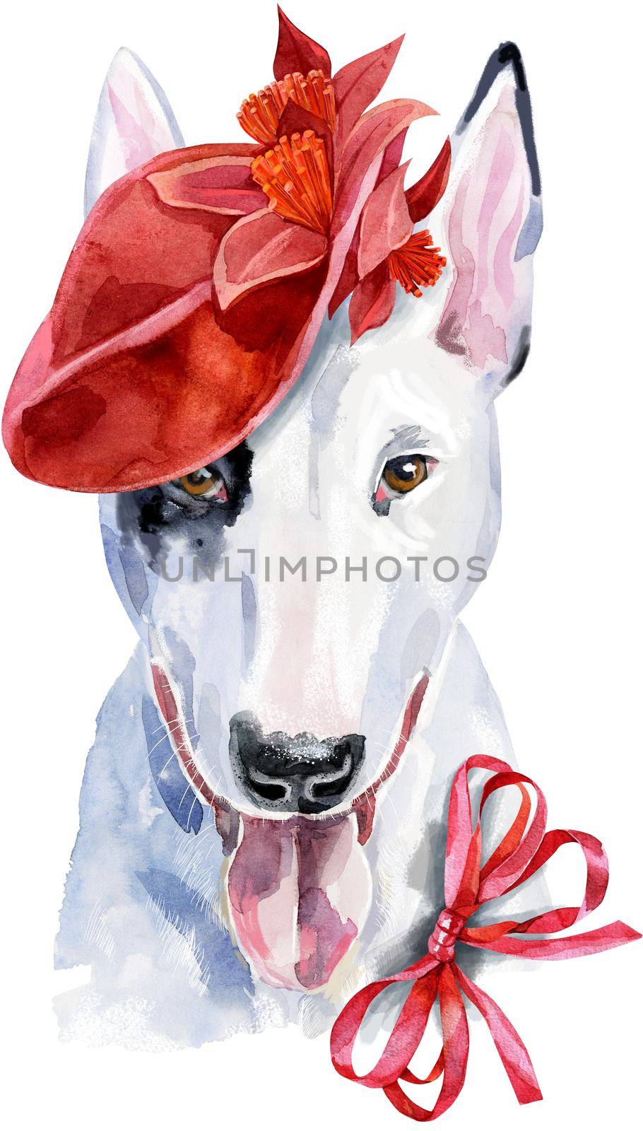 Cute Dog in red hat and red bow. Dog T-shirt graphics. watercolor bull terrier illustration