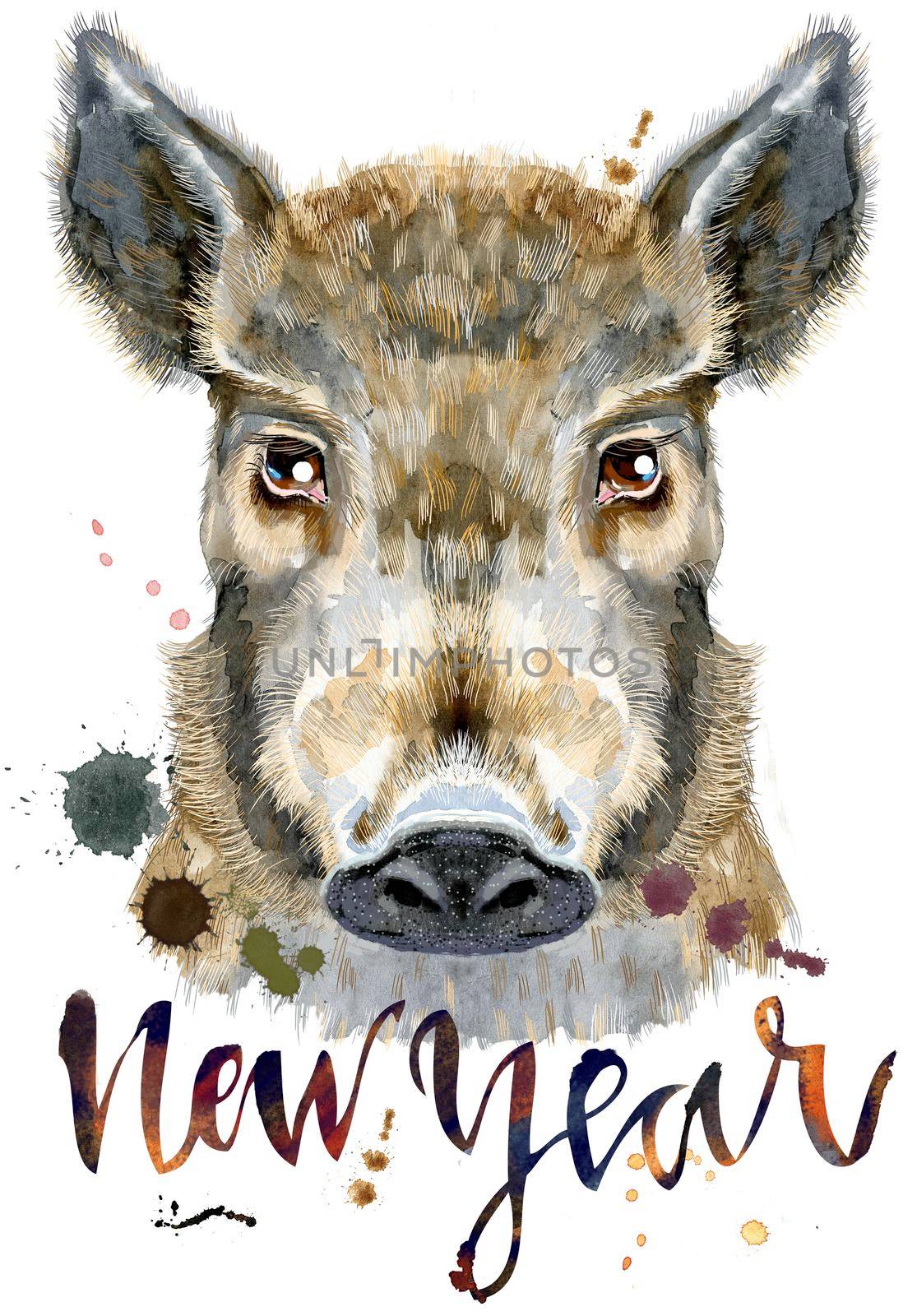 Watercolor portrait of wild boar with the inscription New Year by NataOmsk