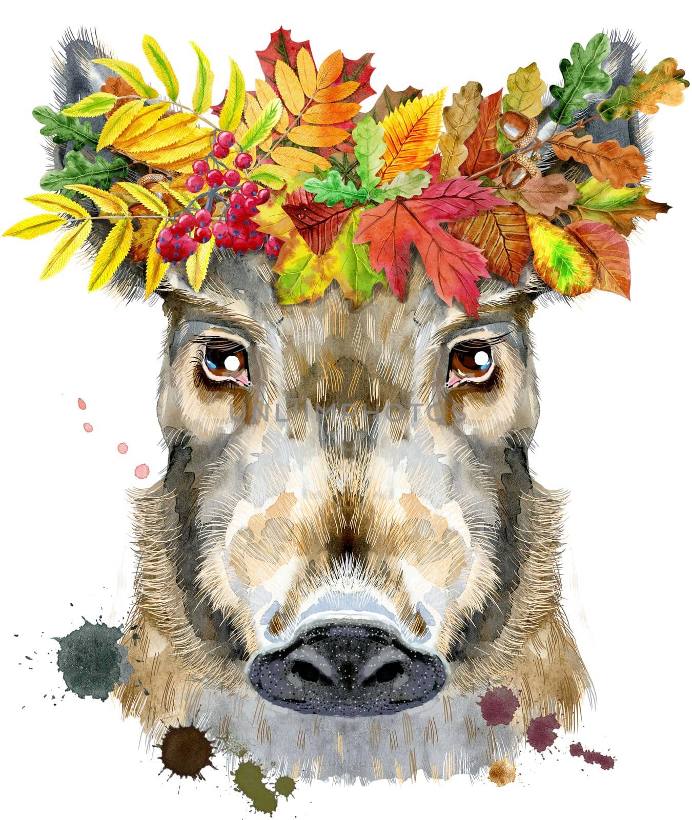 Cute piggy. Wild boar for T-shirt graphics. Watercolor brown boar illustration with wreath of leaves