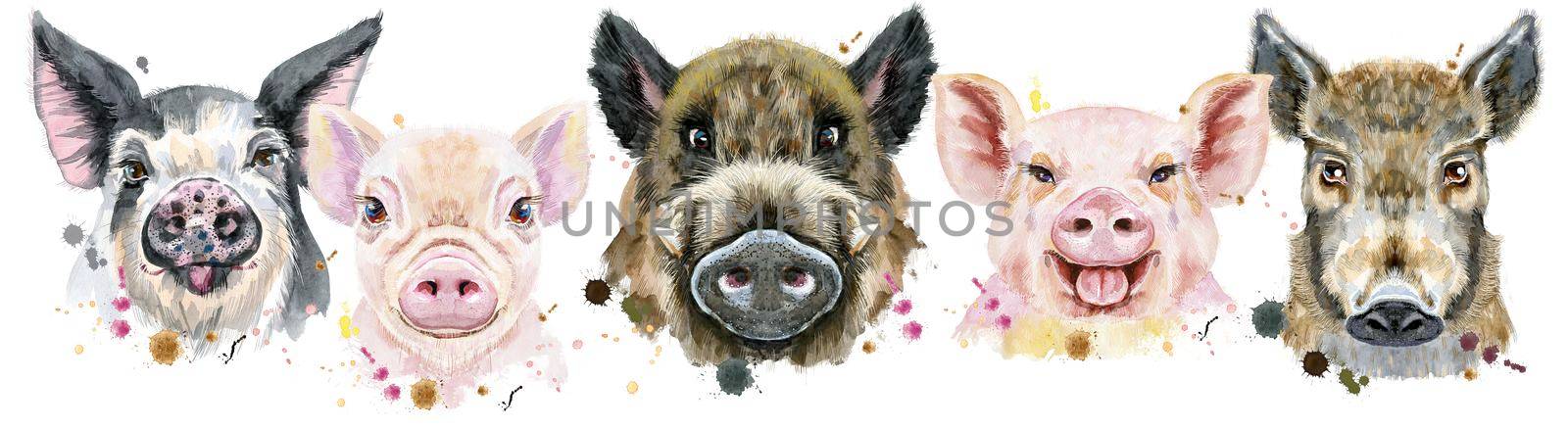 Cute border from watercolor portraits of pigs.