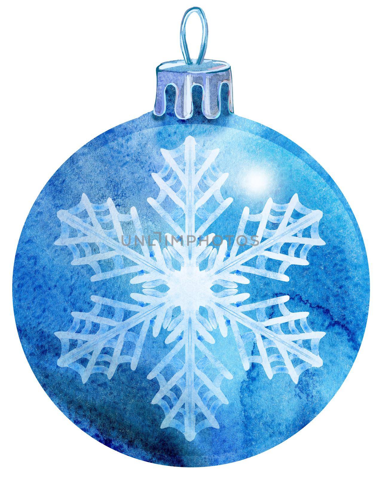 Watercolor Christmas blue ball with snowlake isolated on a white background.