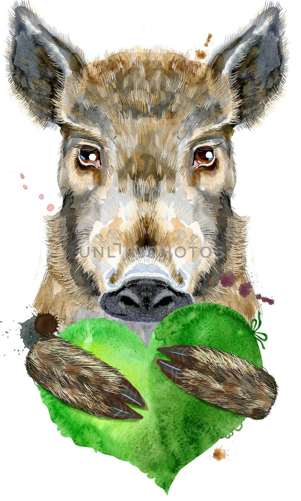 Watercolor portrait of wild boar with green heart by NataOmsk