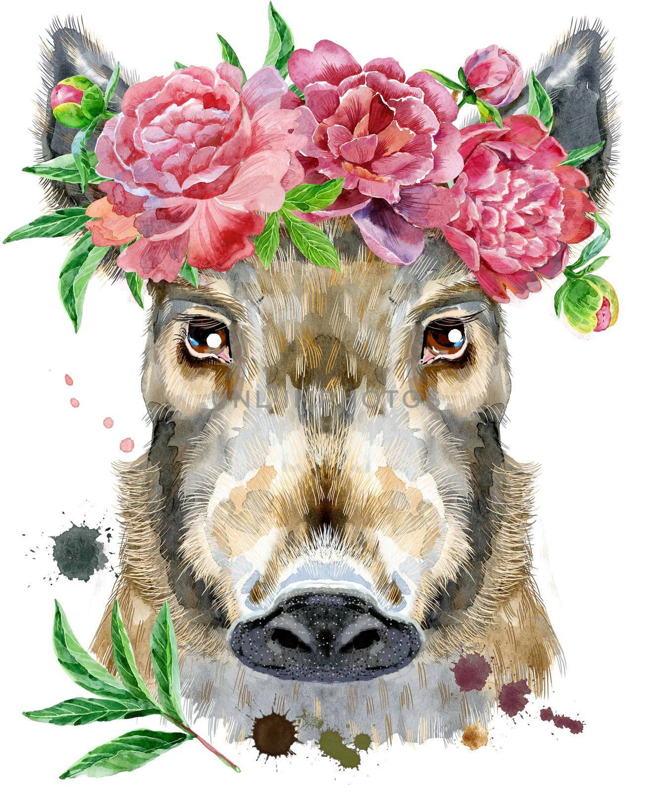 Watercolor portrait of wild boar with flower by NataOmsk