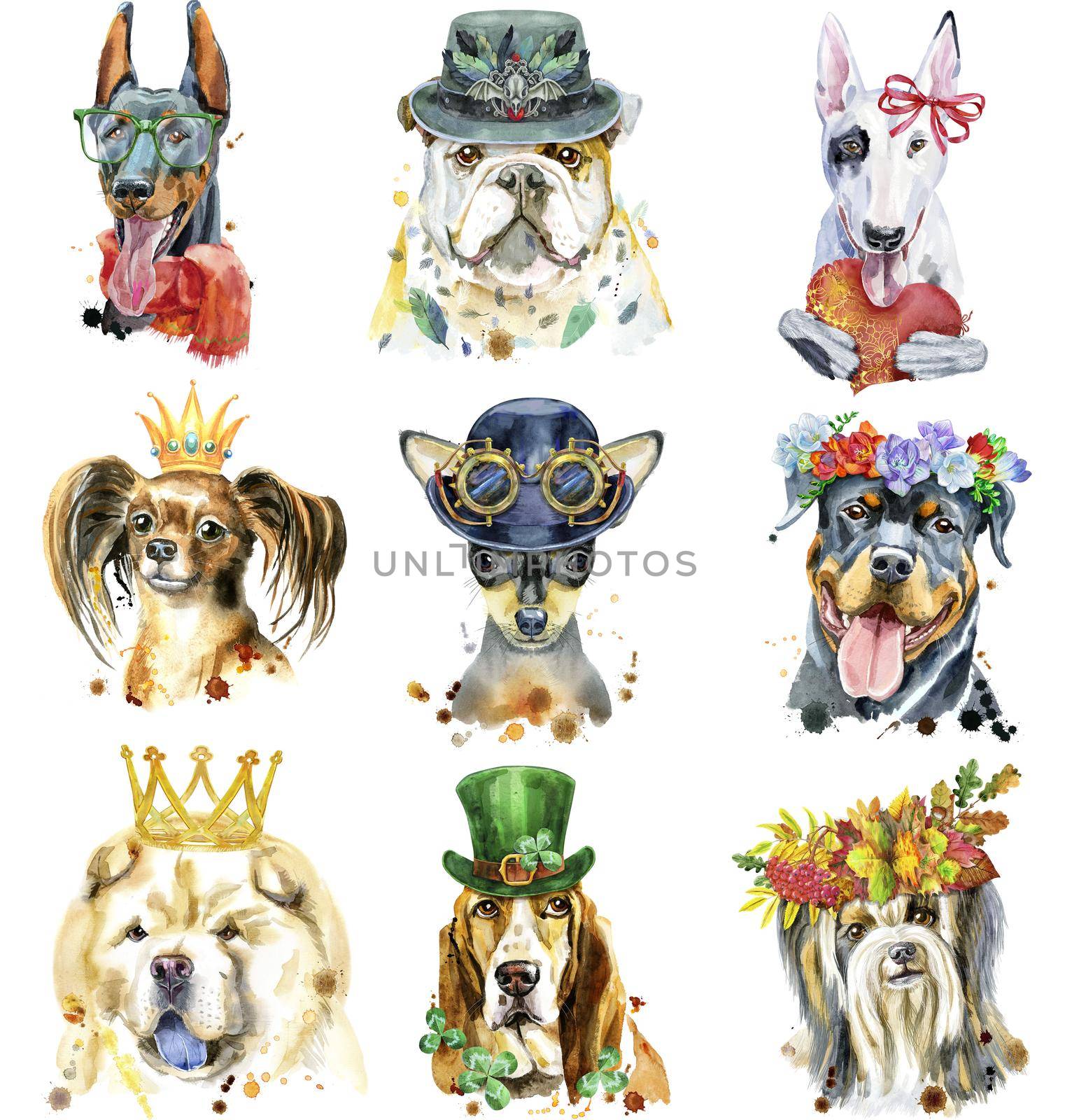 Set of watercolor portraits of dogs for decoration by NataOmsk