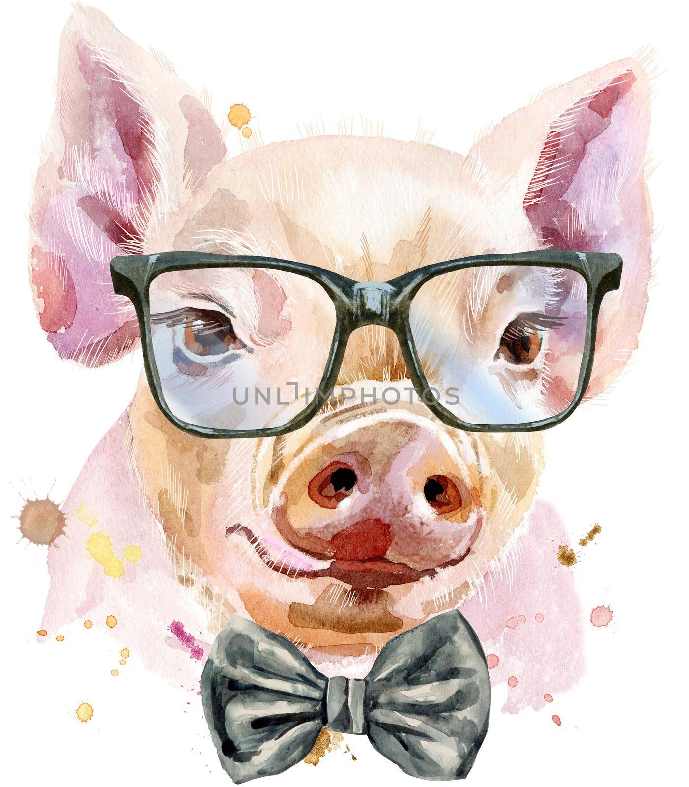 Cute piggy. Pig for T-shirt graphics. Watercolor pink pig with bow-tie and glasses