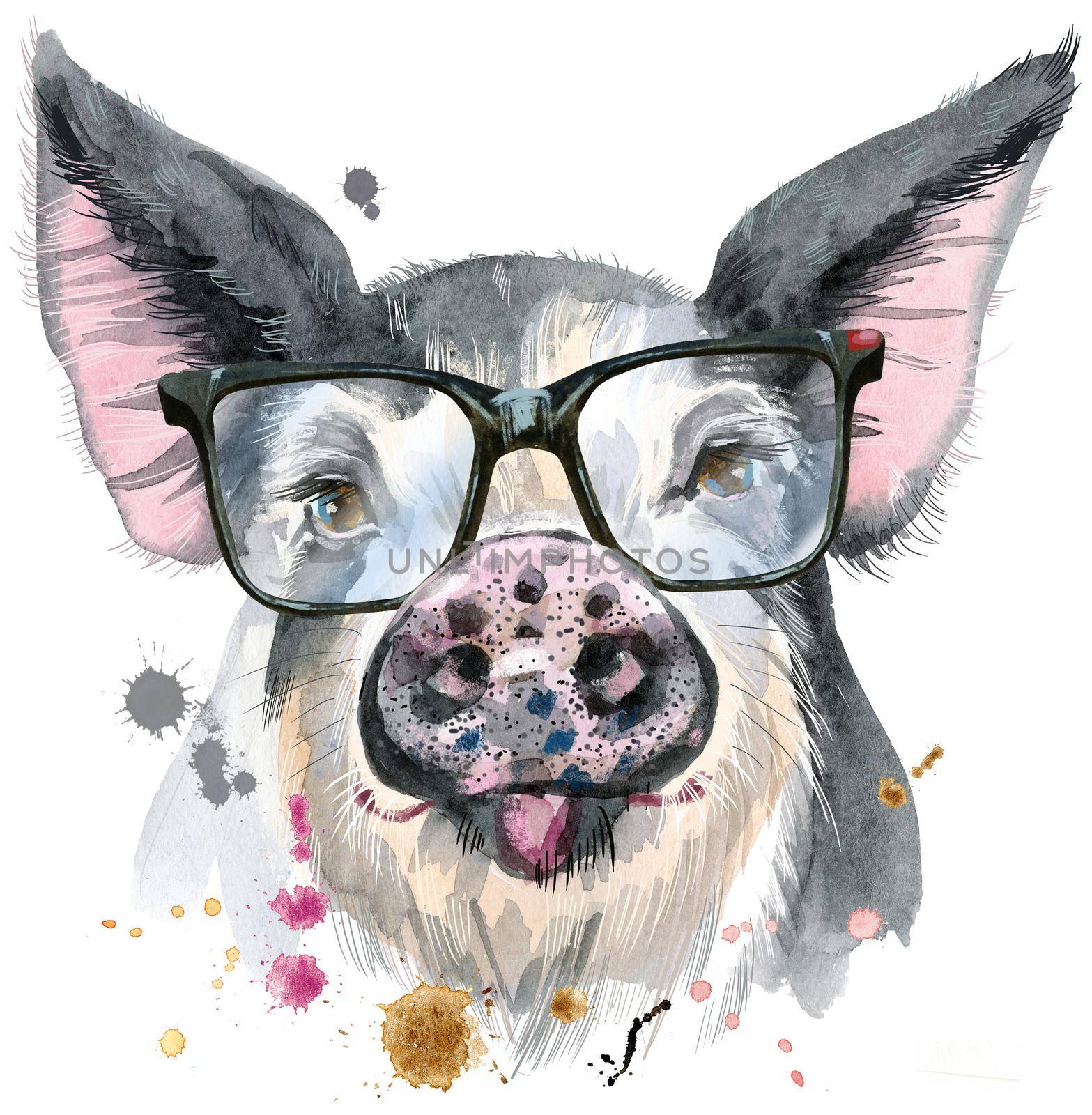 Cute piggy. Pig with glasses for T-shirt graphics. Watercolor pig in black spots illustration