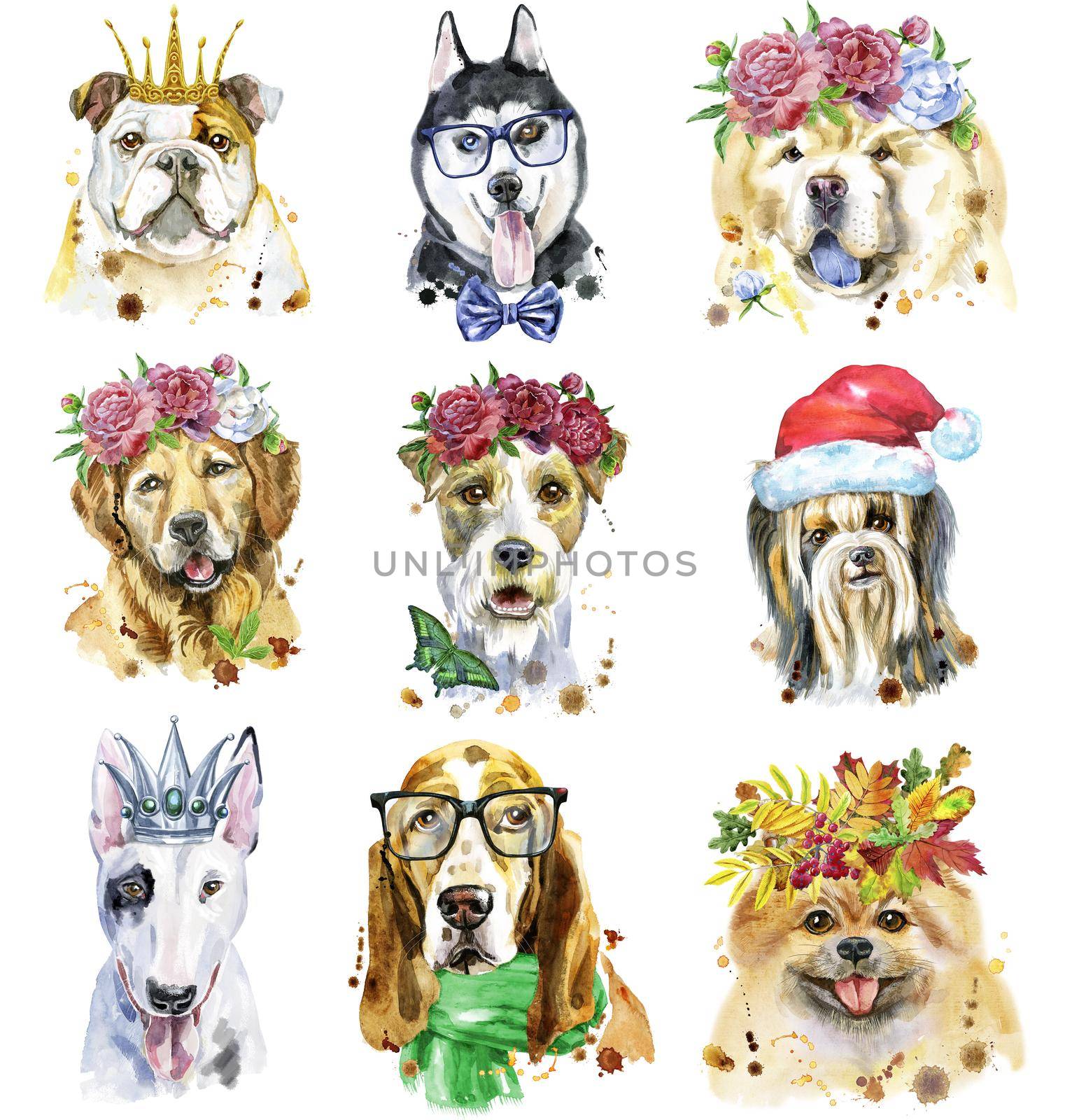 Set of watercolor portraits of dogs for decoration by NataOmsk