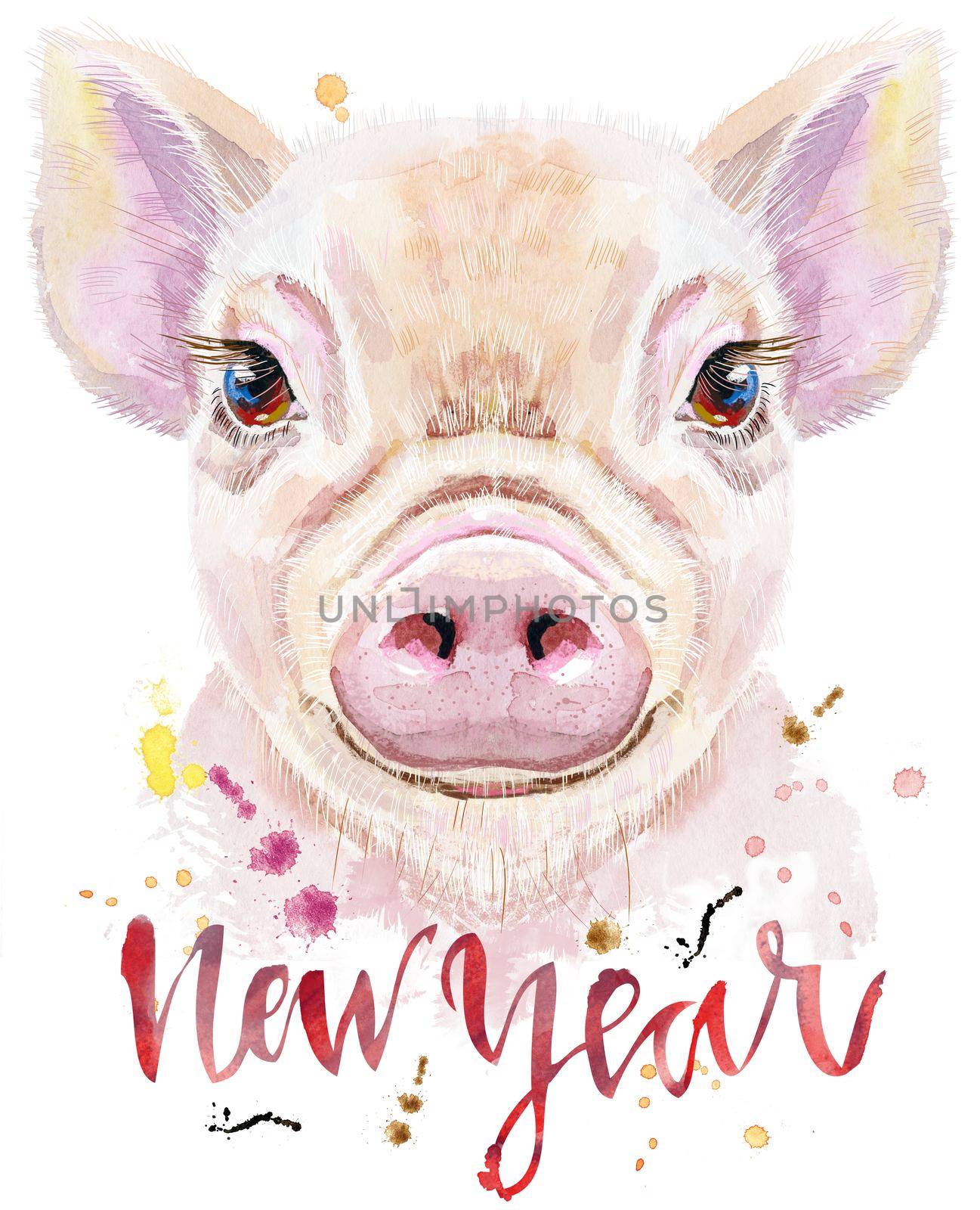 Cute piggy with the inscription New Year. Pig for T-shirt graphics. Watercolor pink mini pig illustration