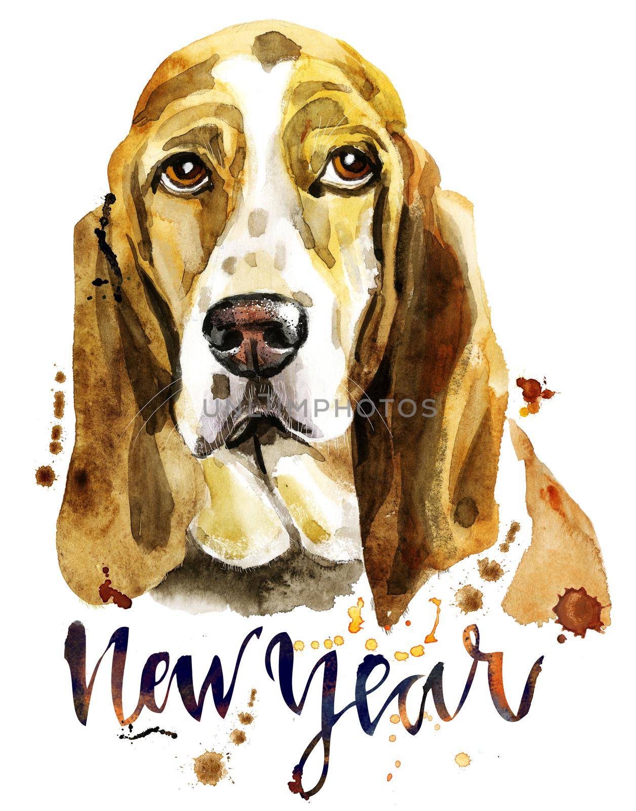 Cute Dog. Dog T-shirt graphics. watercolor basset hound with the inscription new year