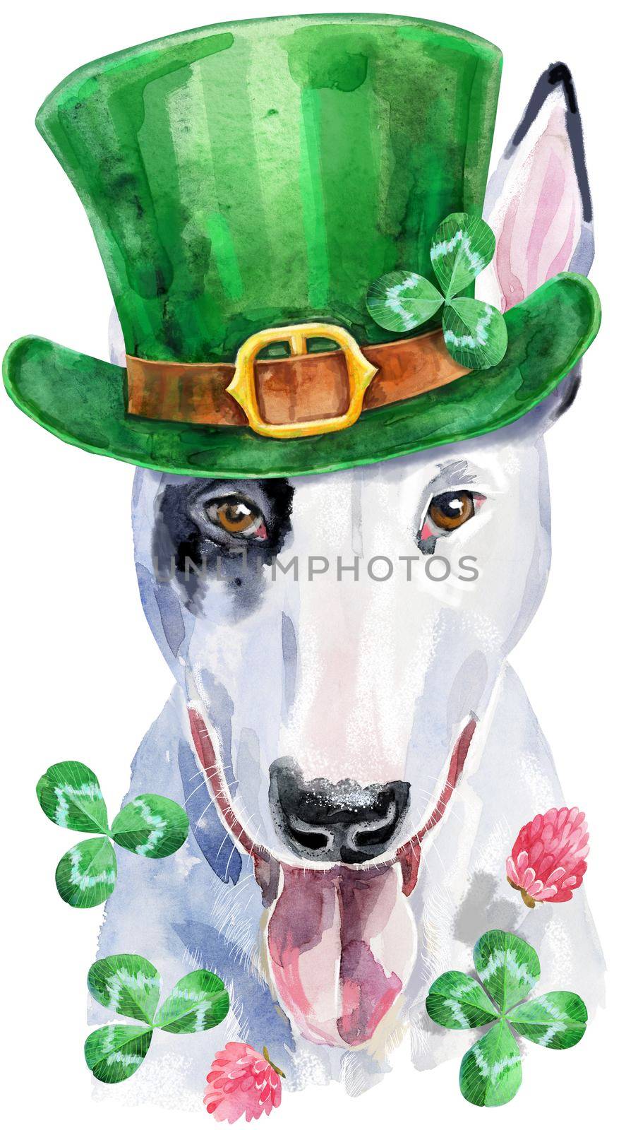 Watercolor portrait of bull terrier. St Patricks Day Lucky Dog by NataOmsk
