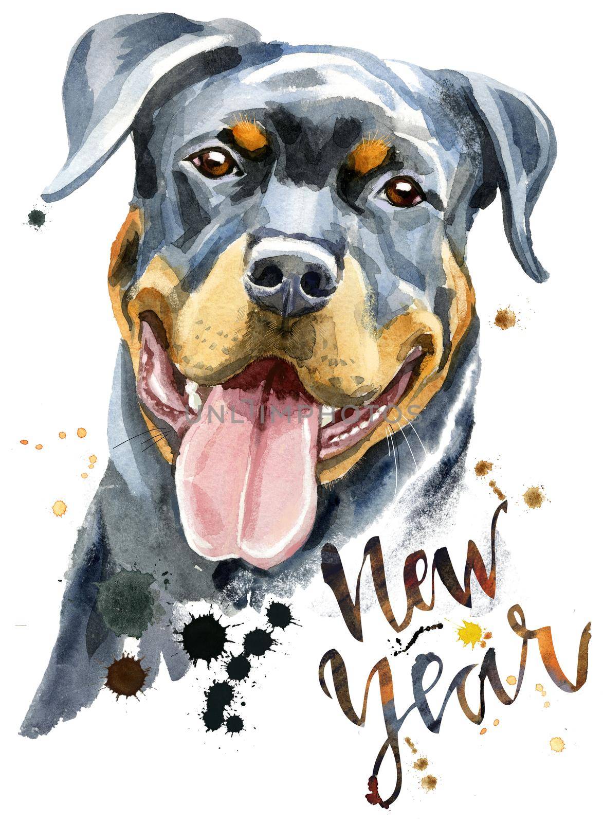 Cute Dog. Dog T-shirt graphics. watercolor rottweiler with the inscription New Year
