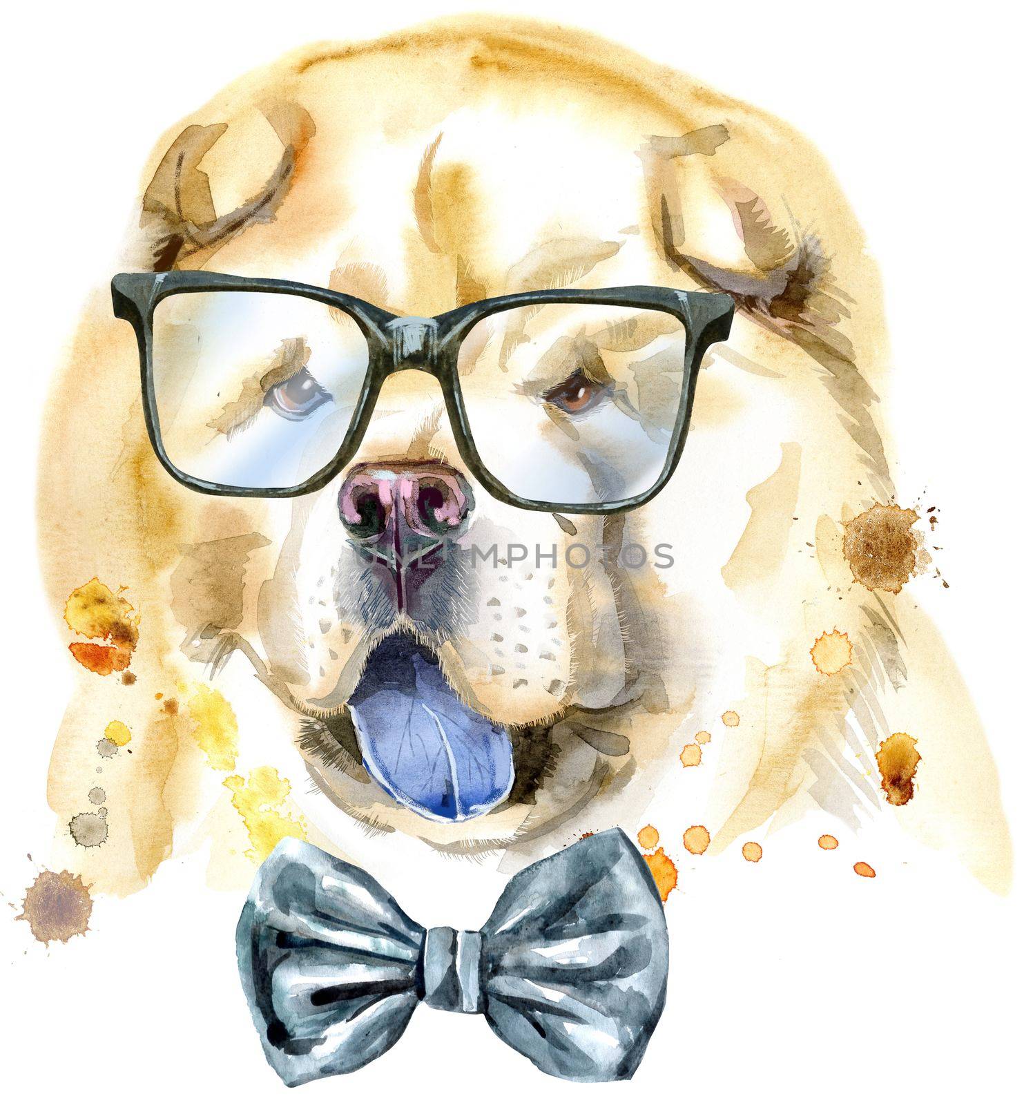 Cute Dog with bow-tie and glasses. Dog T-shirt graphics. watercolor chow-chow dog illustration
