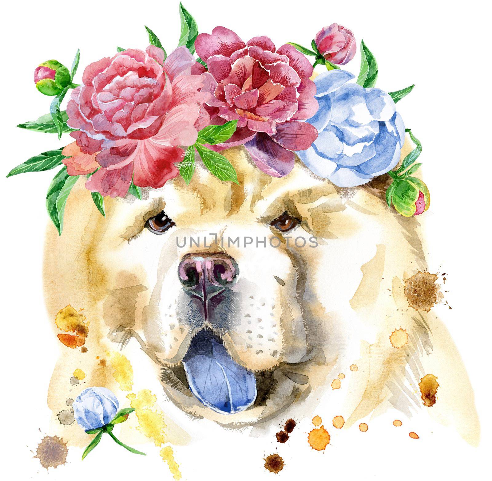 Watercolor portrait of chow-chow dog in a wreath of peonies by NataOmsk