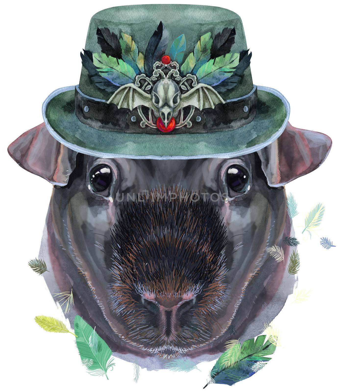 Cute cavy in green hat with a raven's skull and feathers. Pig for T-shirt graphics. Watercolor Skinny Guinea Pig illustration