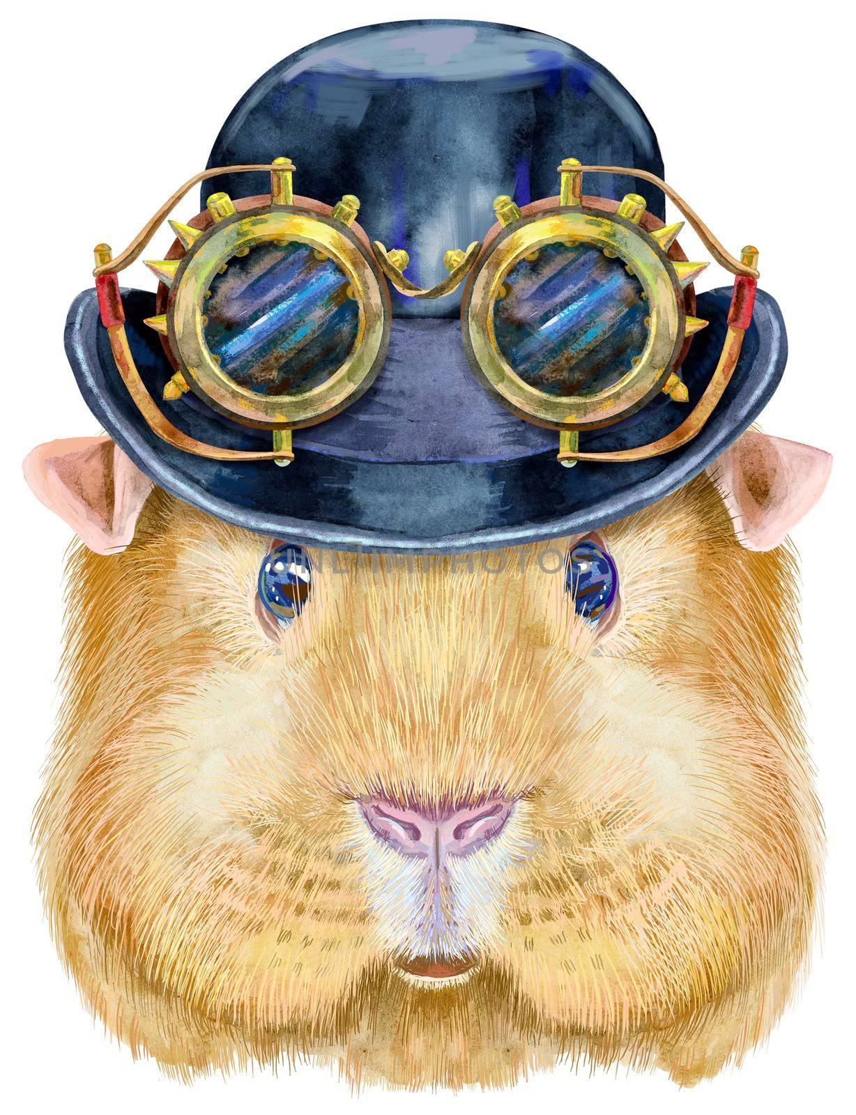 Watercolor portrait of Self guinea pig with hat bowler and steampunk glasses on white background by NataOmsk