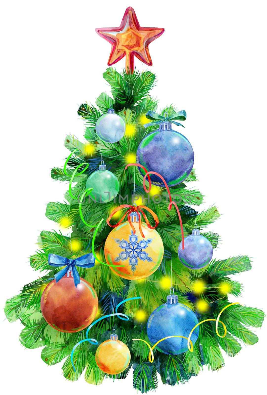 Watercolor illustration Christmas tree decorated with Christmas balls. by NataOmsk