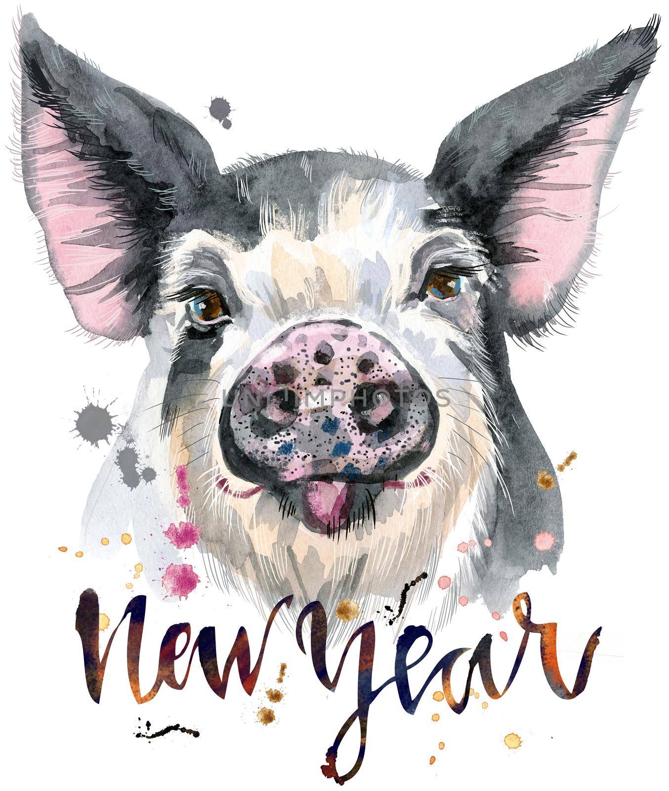 Watercolor portrait of pig with the inscription New Year by NataOmsk