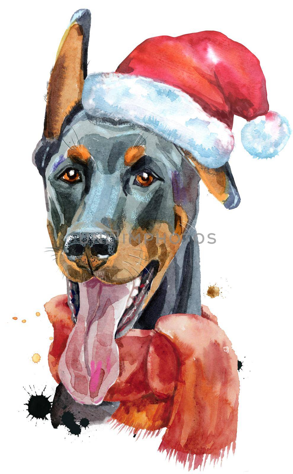 Cute Dog. Dog T-shirt graphics. watercolor doberman illustration with Santa hat