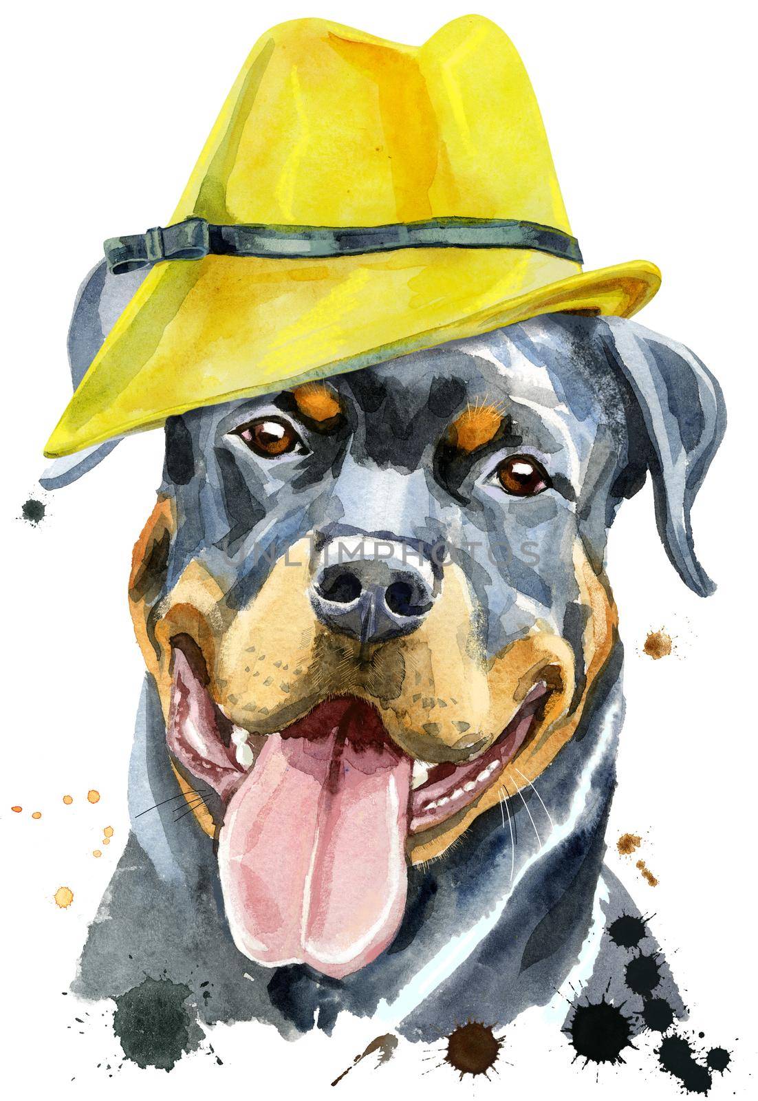 Watercolor portrait of rottweiler in yellow hat by NataOmsk
