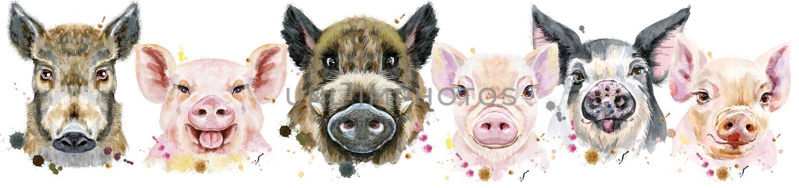 Cute border from watercolor portraits of pigs.