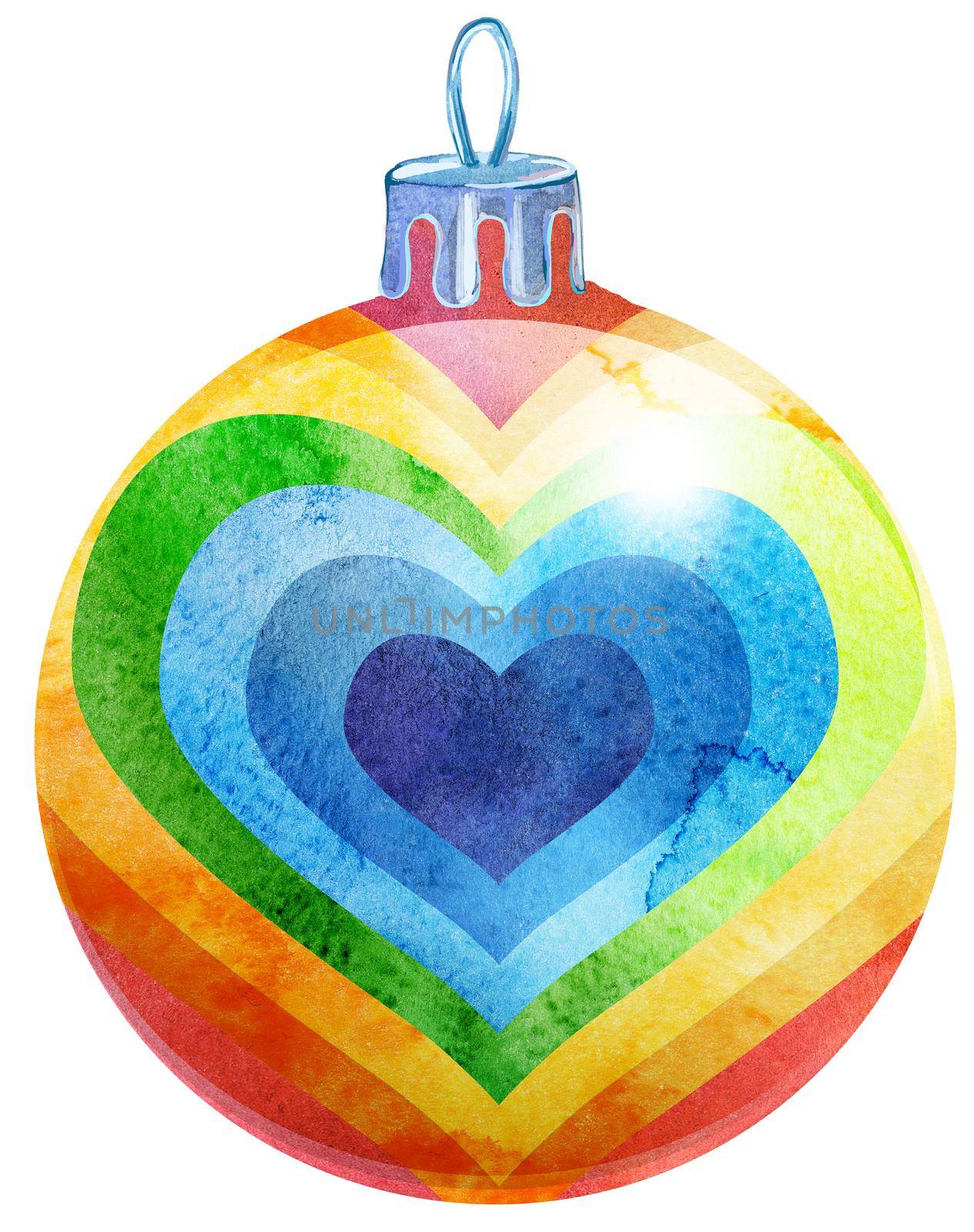 Watercolor Christmas rainbow ball isolated on a white background.