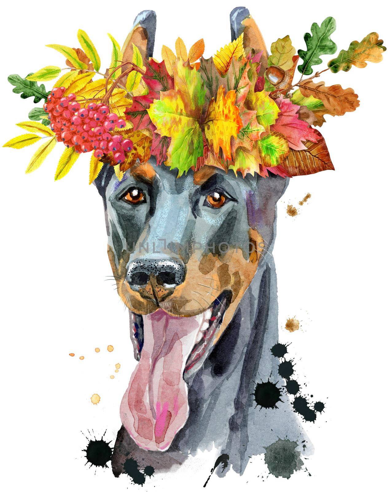 Cute Dog in a wreath of autumn leaves. Dog T-shirt graphics. watercolor doberman illustration