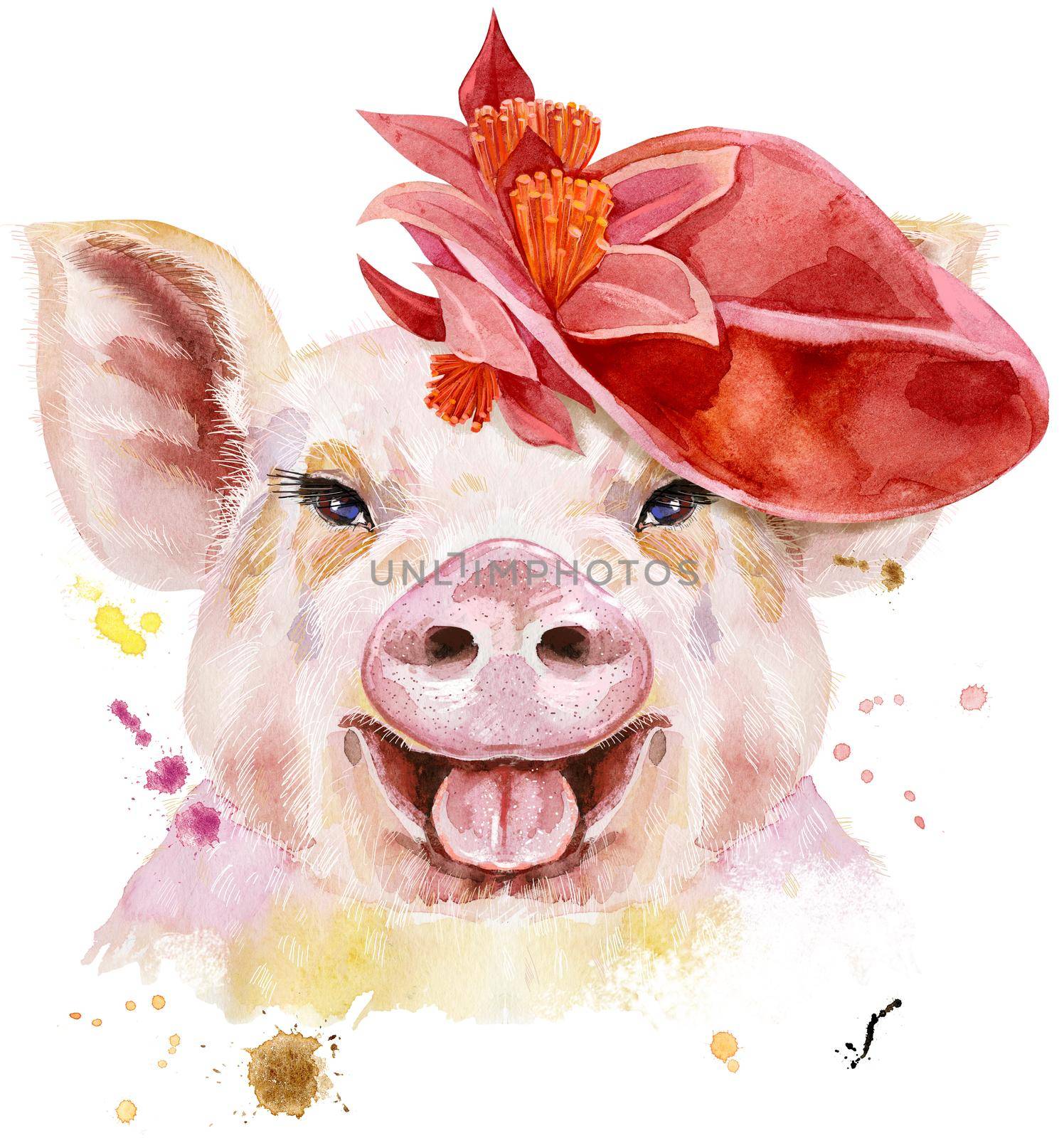 Watercolor portrait of pig with red hat by NataOmsk