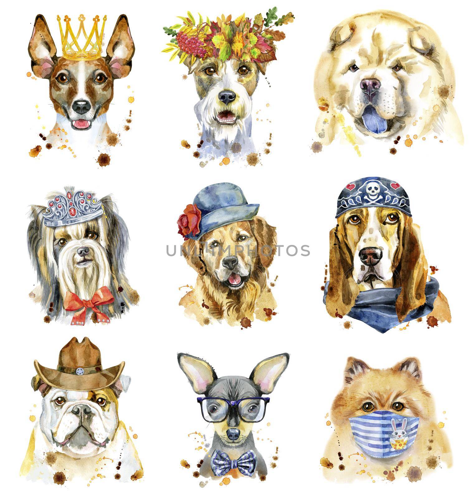 Set of watercolor portraits of dogs for decoration by NataOmsk