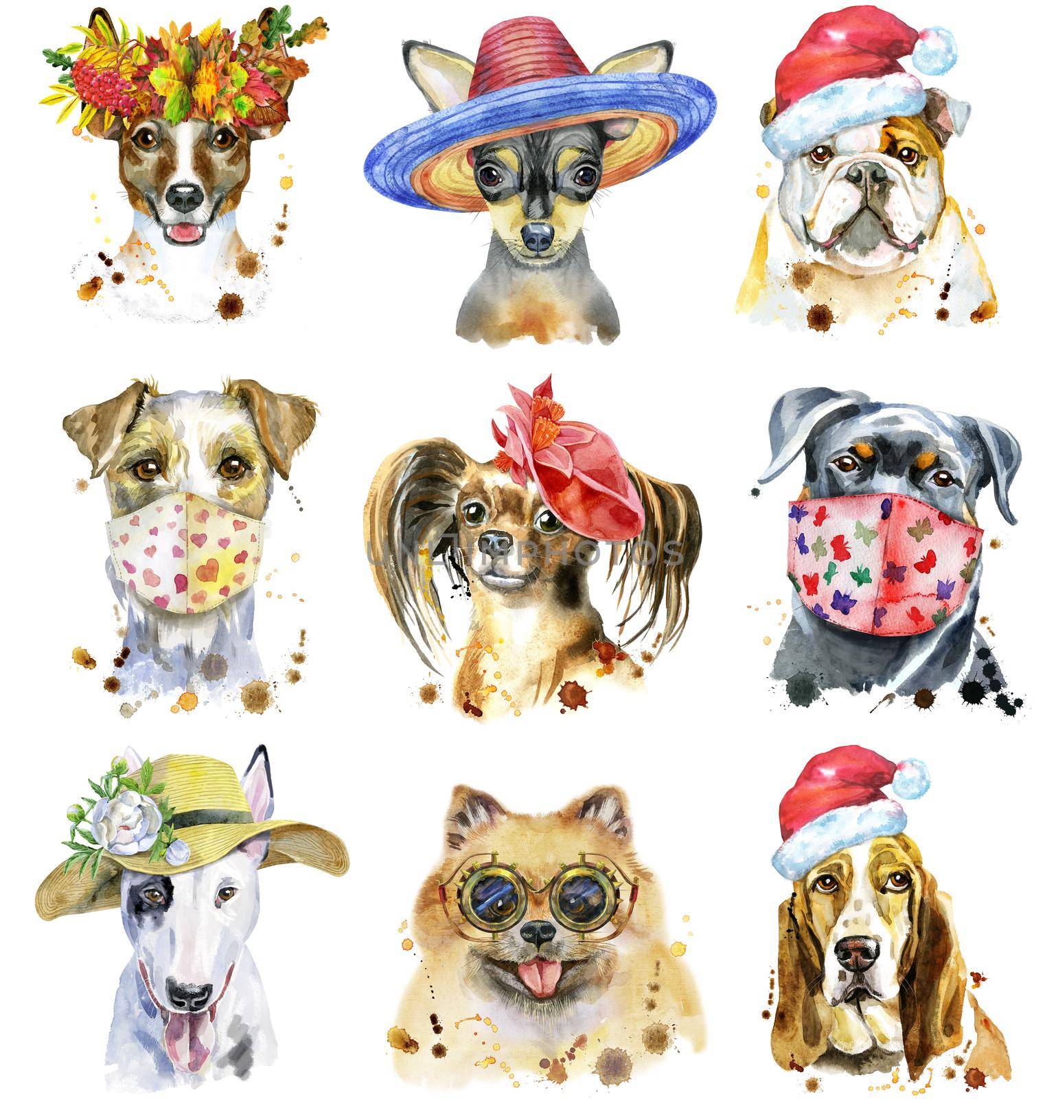 Cute set of watercolor portraits of dogs. For t-shirt graphics. Watercolor dogs illustration