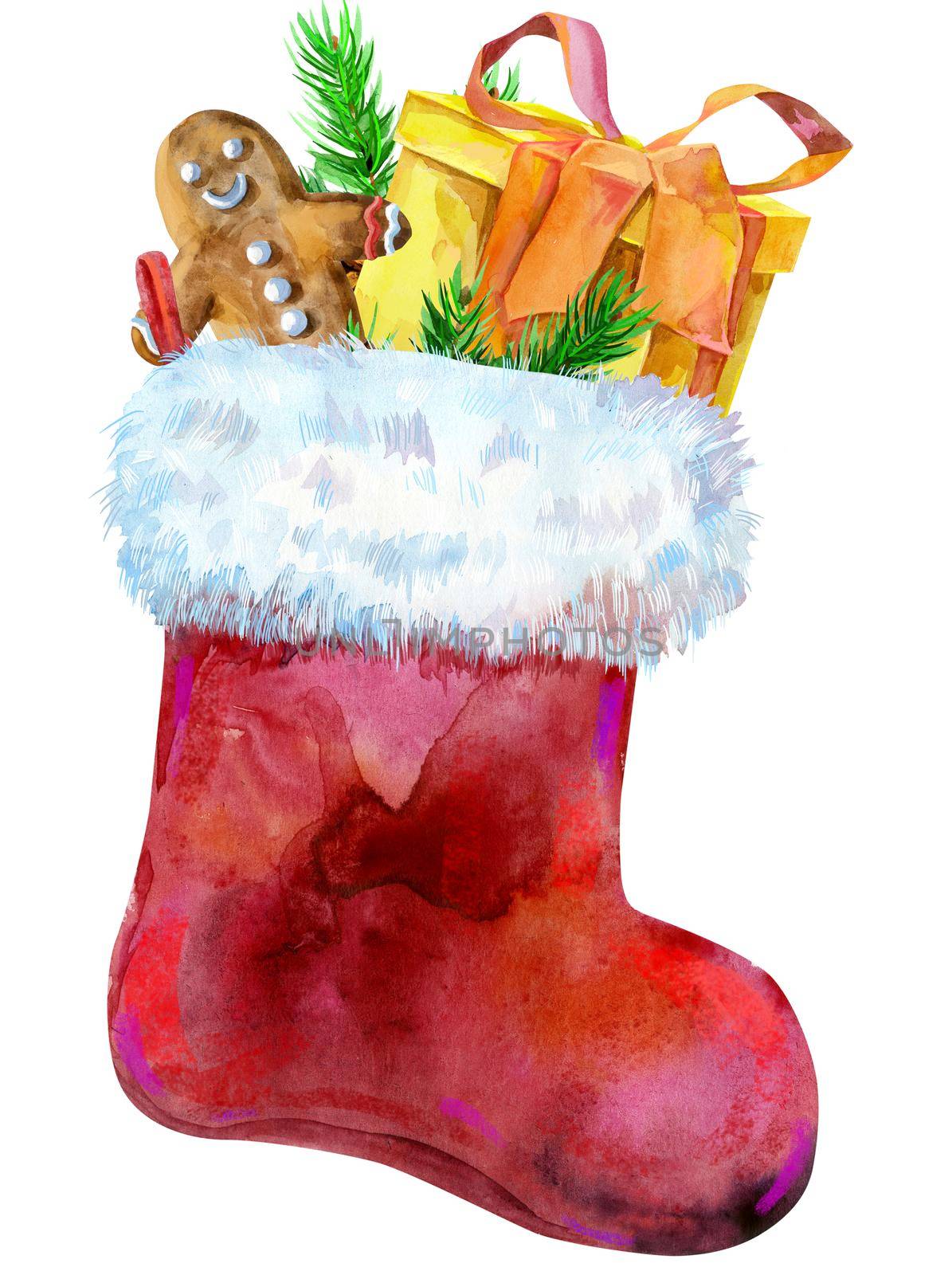 Christmas red sock with gifts isolated on white background. Watercolor hand drawn illustration