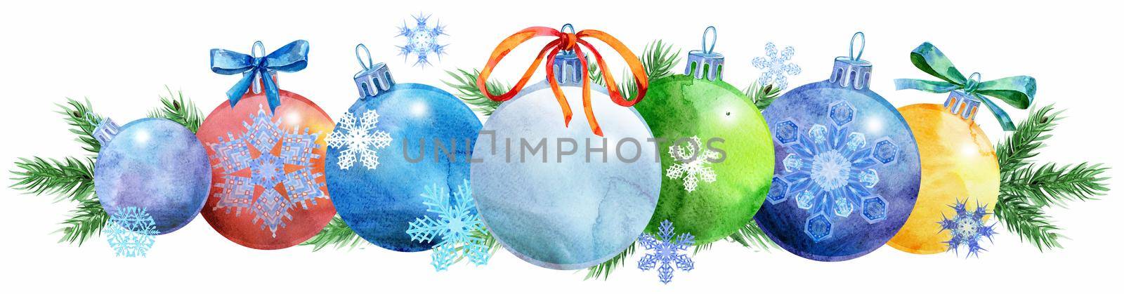 Watercolor Christmas tree border from balls with snowflakes. Card for your creativity