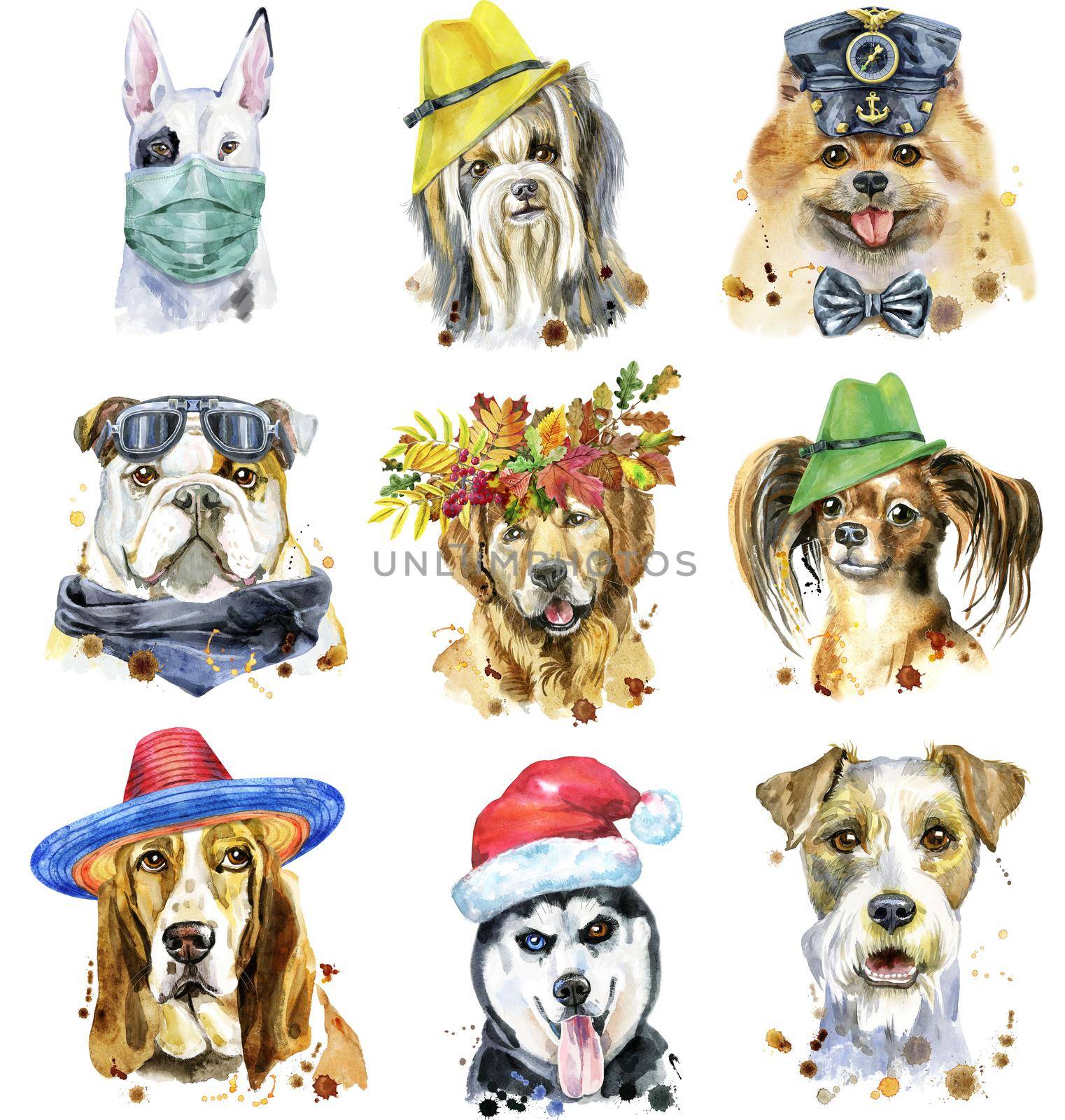 Cute set of watercolor portraits of dogs. For t-shirt graphics. Watercolor dogs illustration