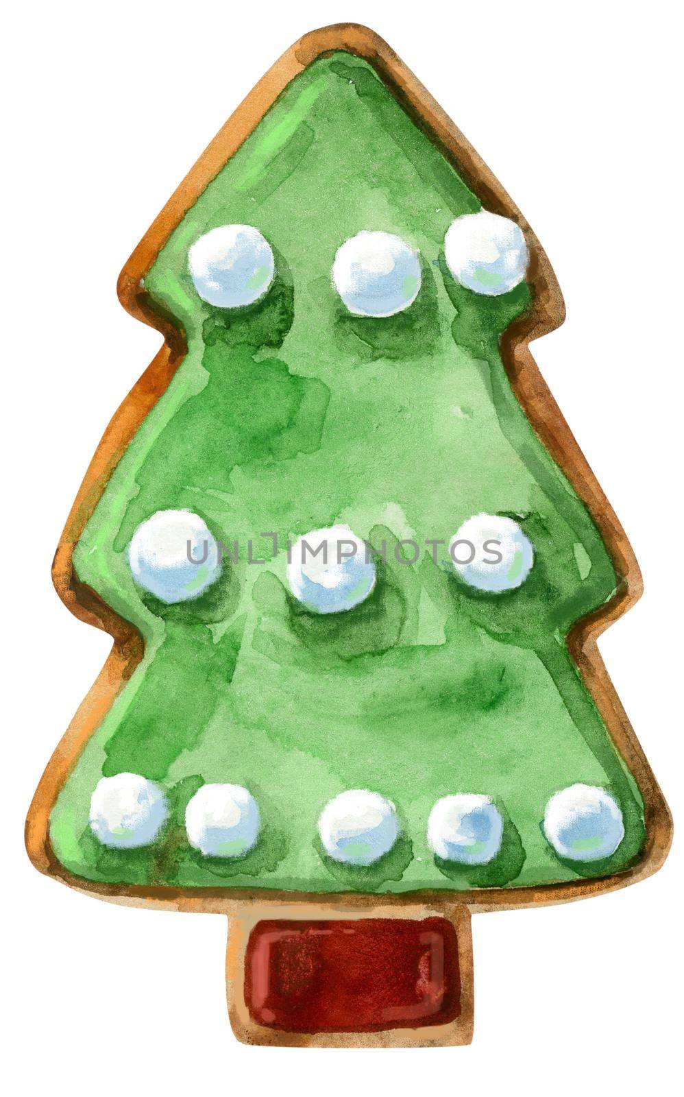 Watercolor christmas gingerbread. Hand painted gingerbread Christmas tree isolated on white background. For design, background or print.