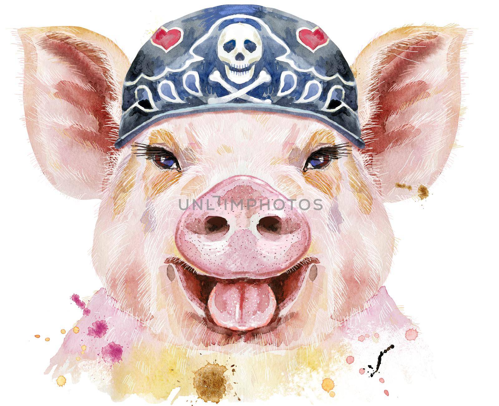 Cute piggy. Pig for T-shirt graphics. Watercolor pink pig wearing biker bandana