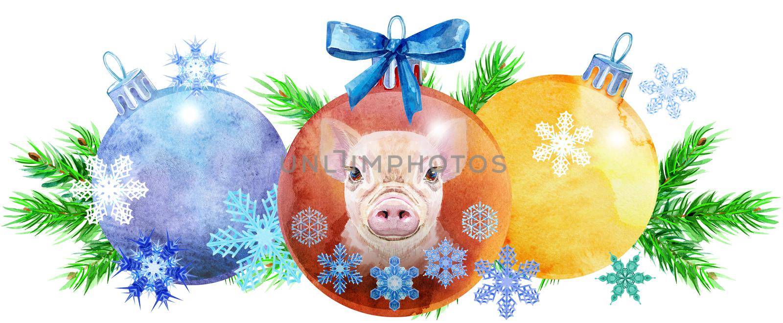Watercolor Christmas tree border from balls with image of pig and snowflakes. Card for your creativity