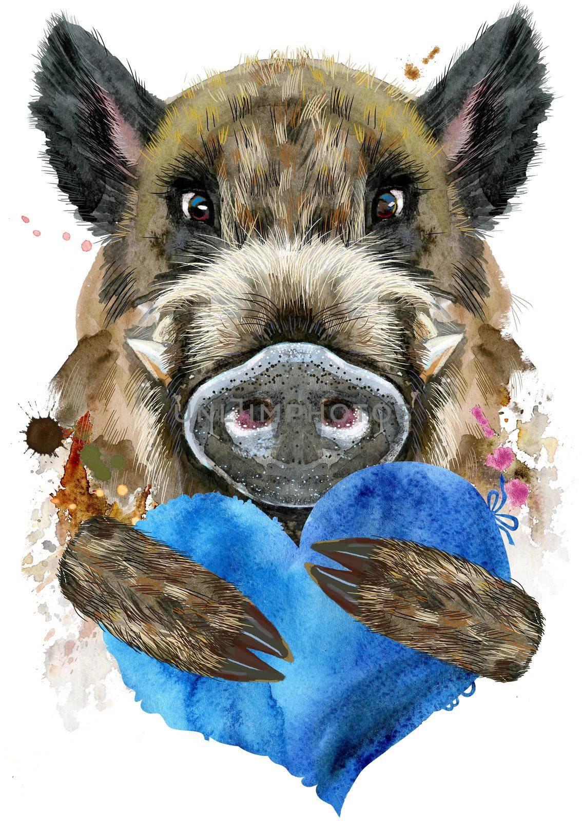 Watercolor portrait of wild boar with blue heart by NataOmsk