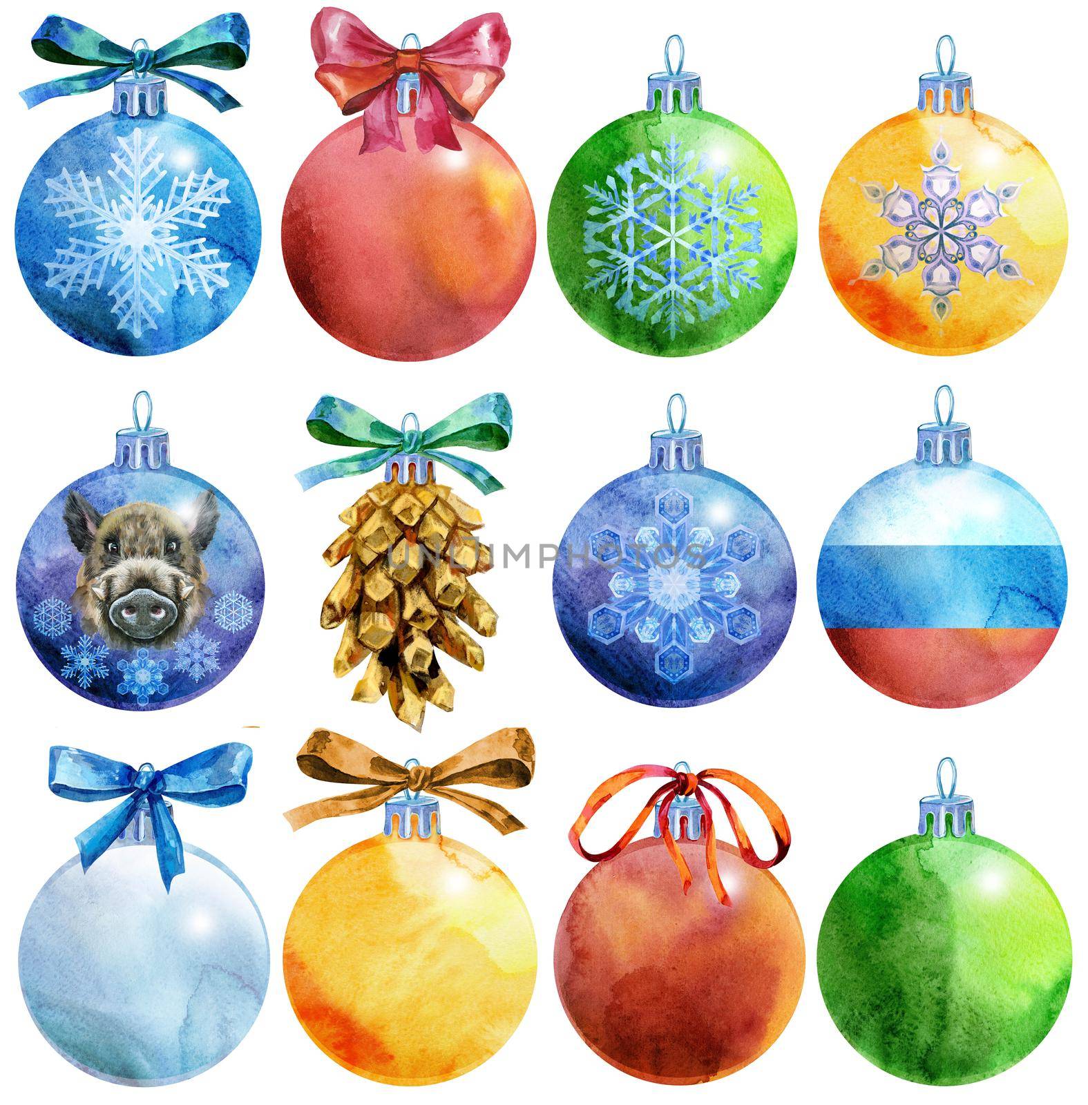 Set2 of Watercolor Christmas tree ball with image of pig and snowflakes. Card for your creativity