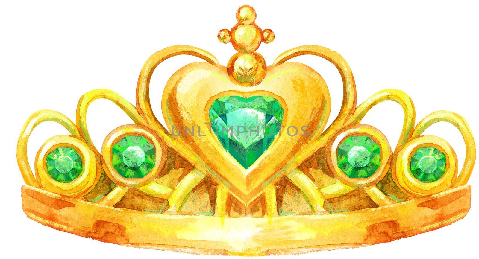 Watercolor Gold Crown with precious stones and emerald